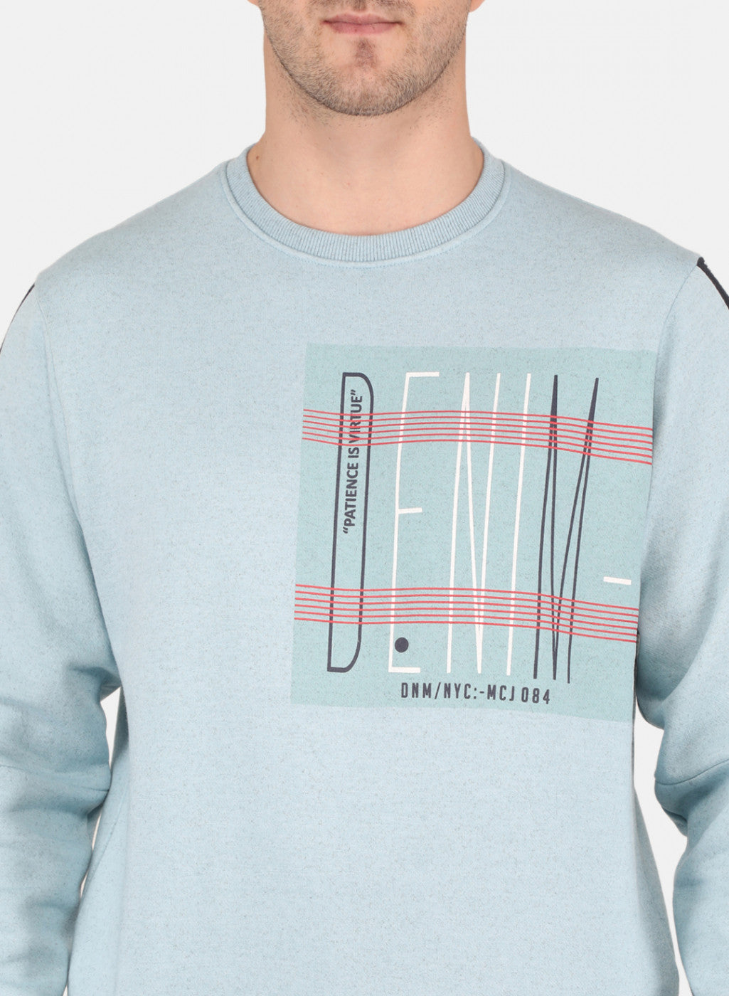 Men Sky Blue Round Neck with Placement Print Sweatshirt