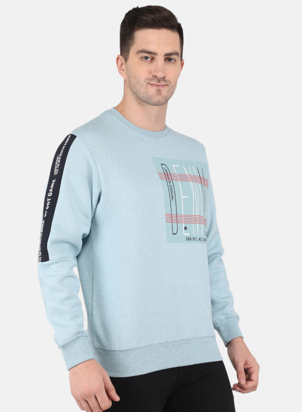 Men Sky Blue Round Neck with Placement Print Sweatshirt