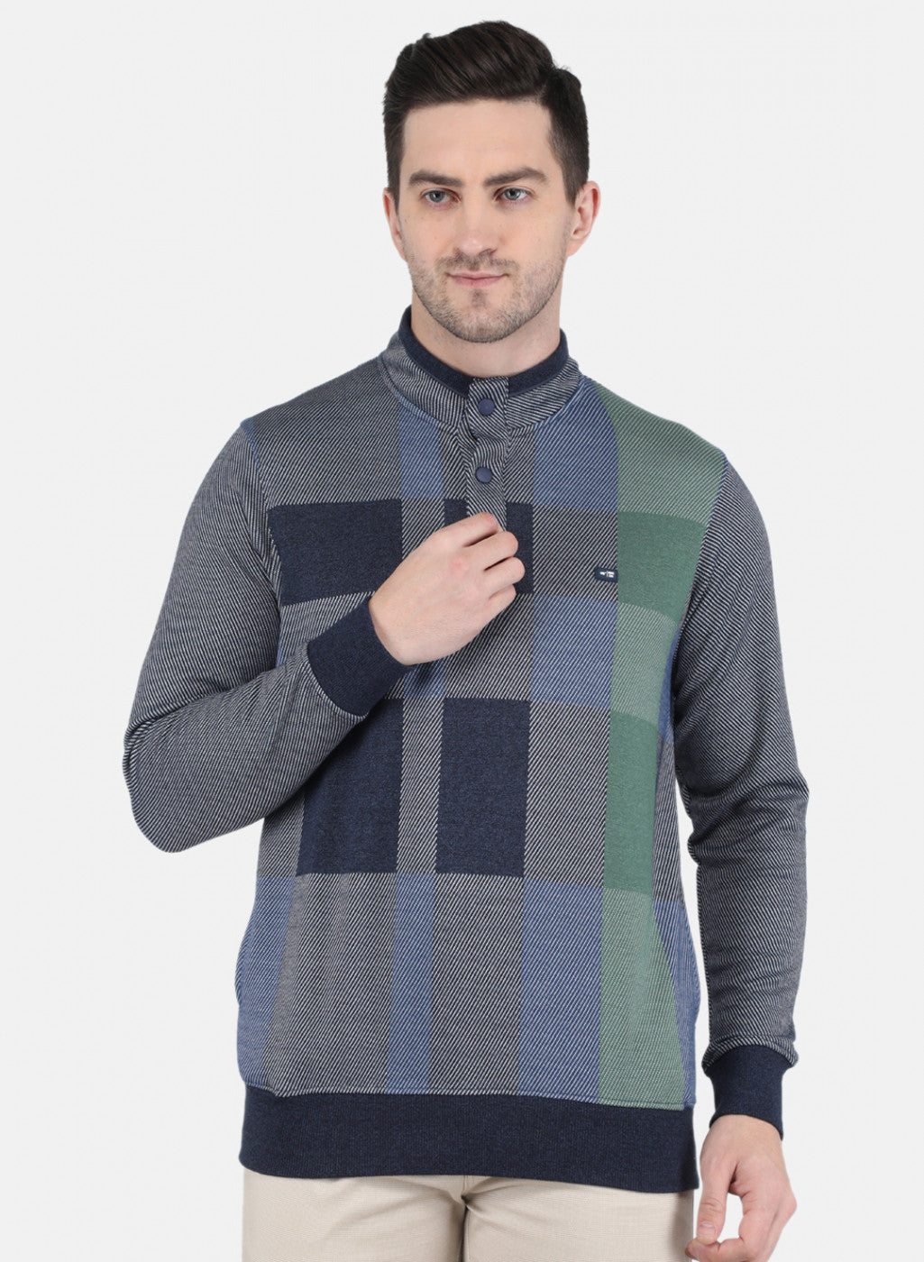 Men Blue DiagoNAl Knit Jaquard Sweatshirt