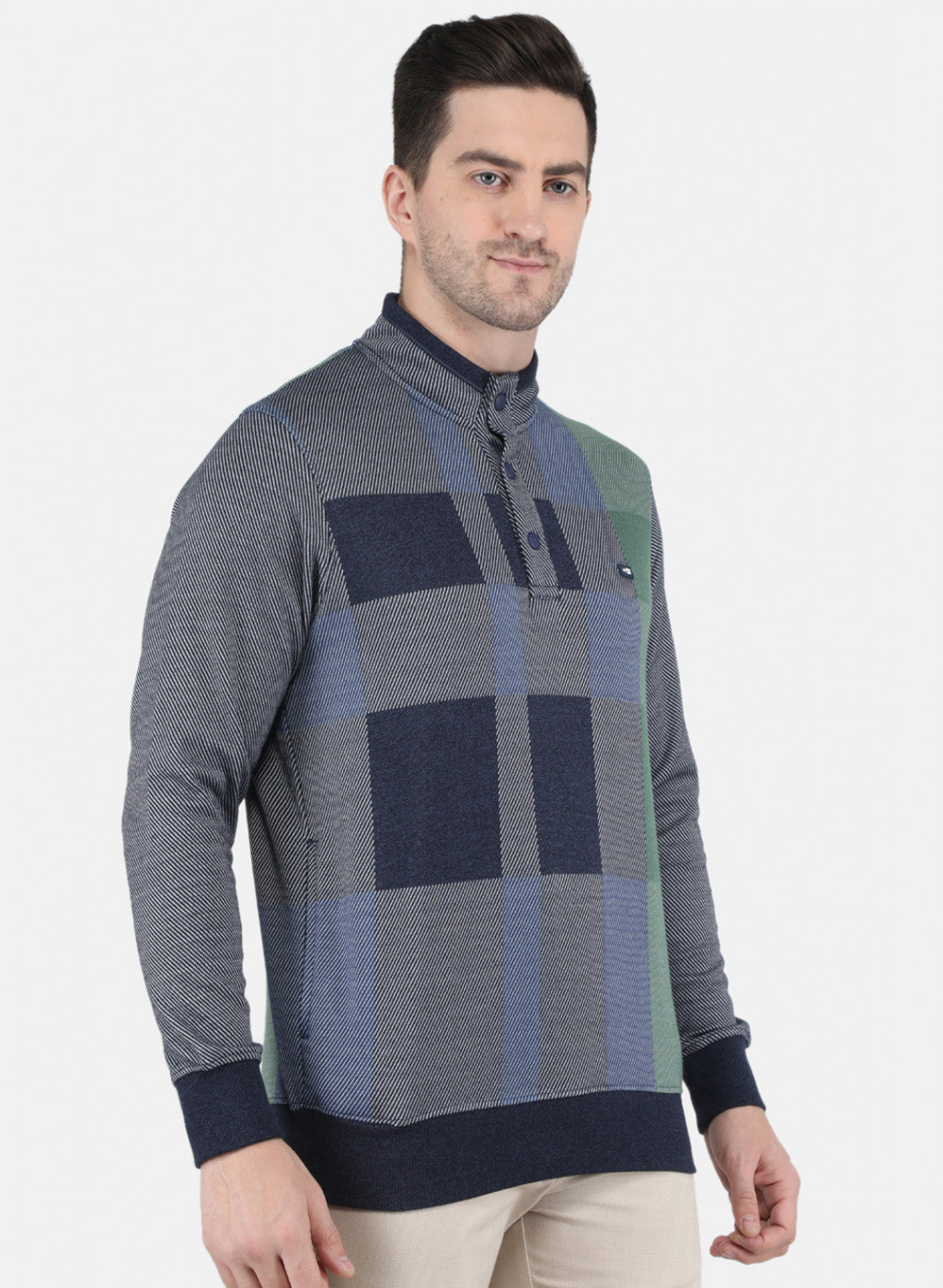 Men Blue DiagoNAl Knit Jaquard Sweatshirt