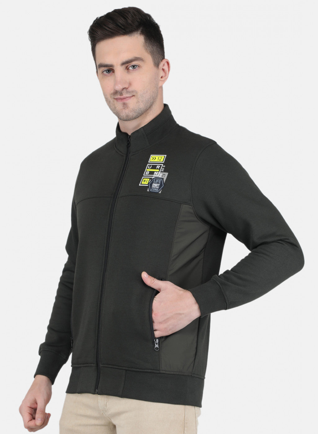 Men Olive Glowing in Dark Branding with Zipper Pocket Sweatshirt