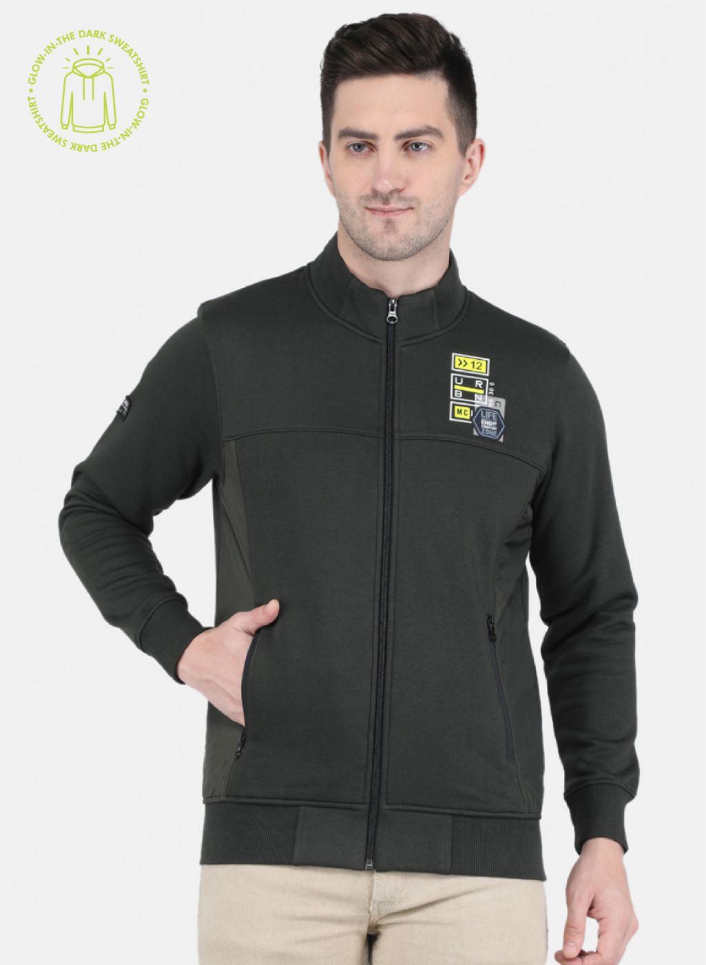 Men Olive Glowing in Dark Branding with Zipper Pocket Sweatshirt