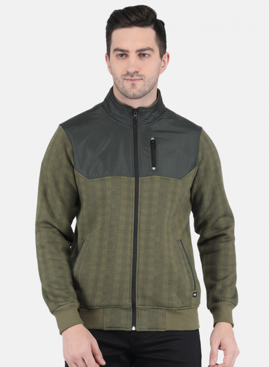 Men Olive Rotary Print with Jacketing Fabric - Zipper Pocket Sweatshirt