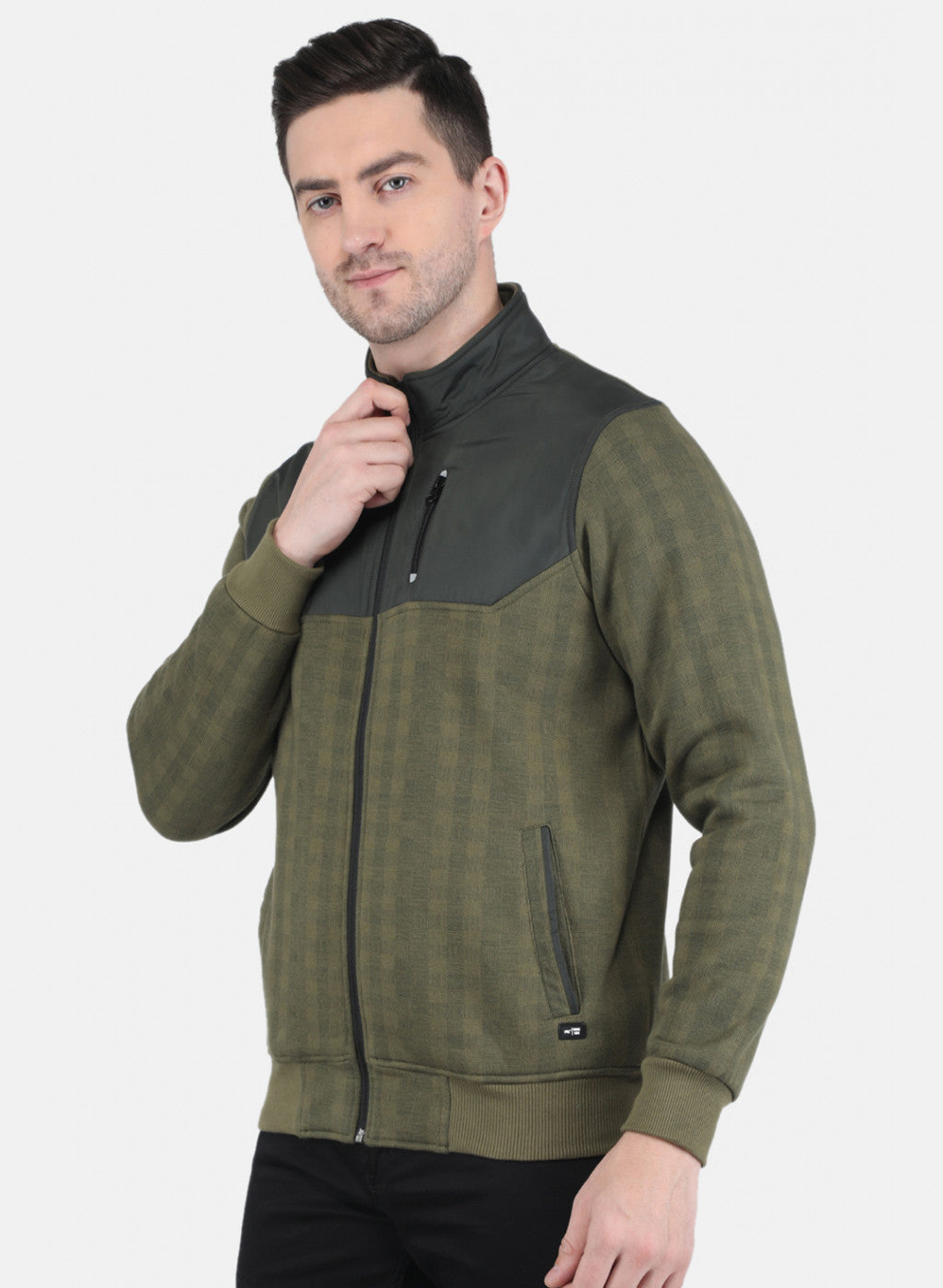 Men Olive Rotary Print with Jacketing Fabric - Zipper Pocket Sweatshirt