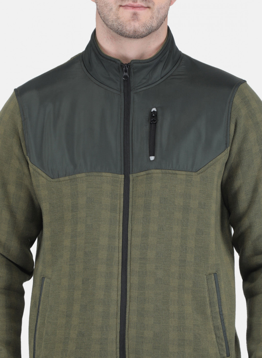 Men Olive Rotary Print with Jacketing Fabric - Zipper Pocket Sweatshirt