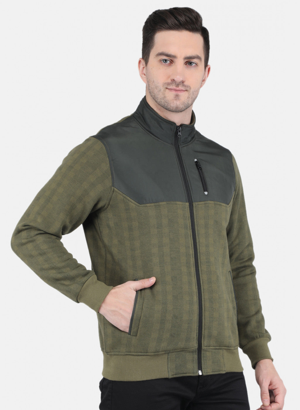 Men Olive Rotary Print with Jacketing Fabric - Zipper Pocket Sweatshirt