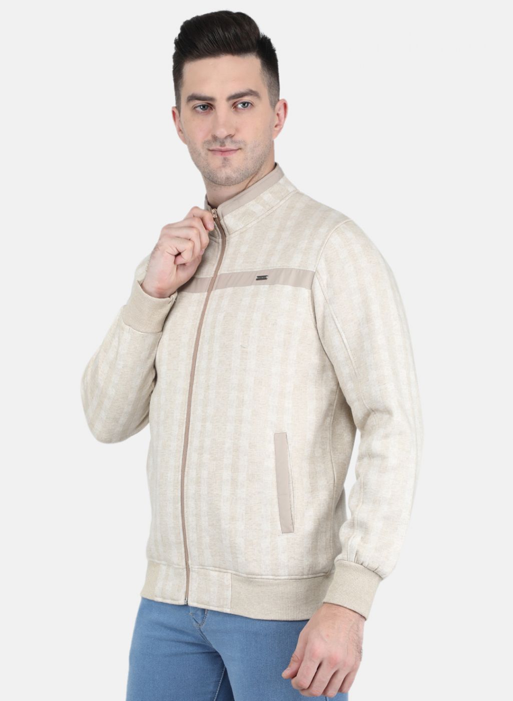 Men Beige Self Design Sweatshirt