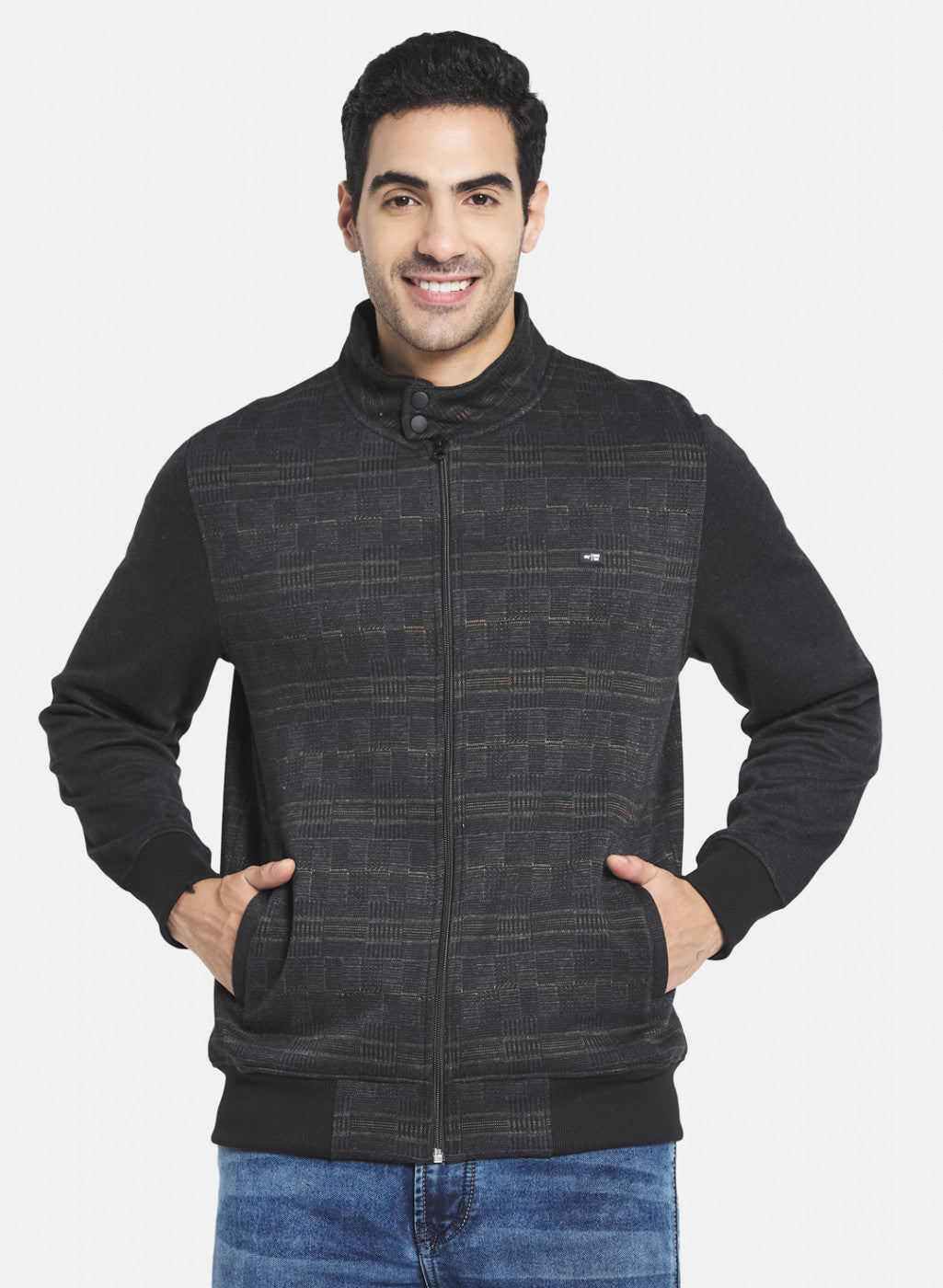 Men Black Jaquard Knit Sweatshirt with Zipper