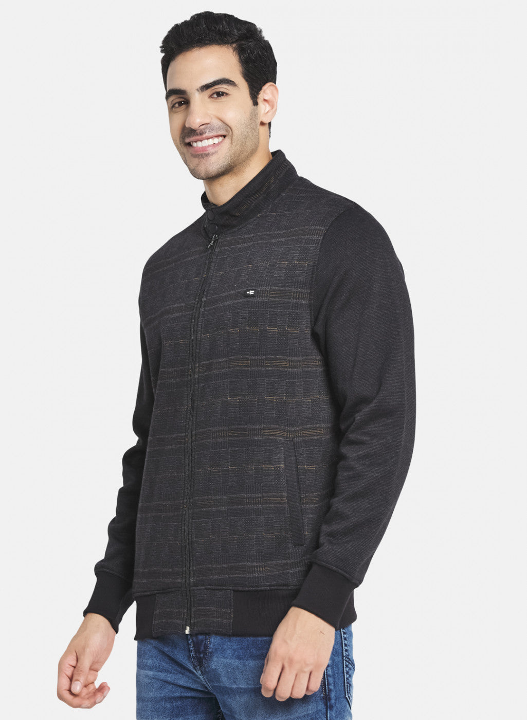 Men Black Jaquard Knit Sweatshirt with Zipper