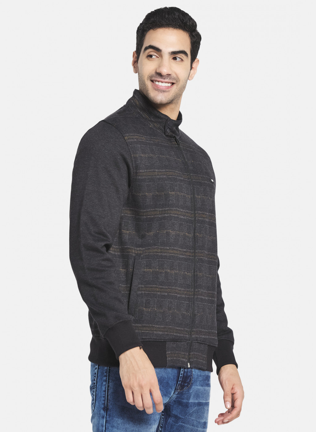 Men Black Jaquard Knit Sweatshirt with Zipper