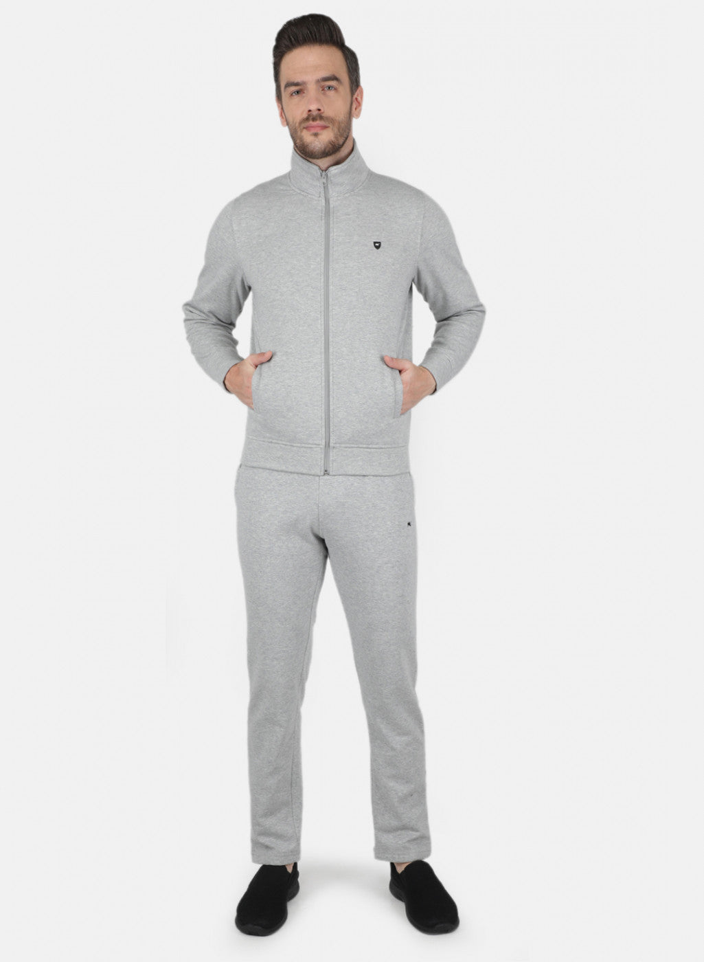 Men Grey Solid Tracksuit in Pile Fabric