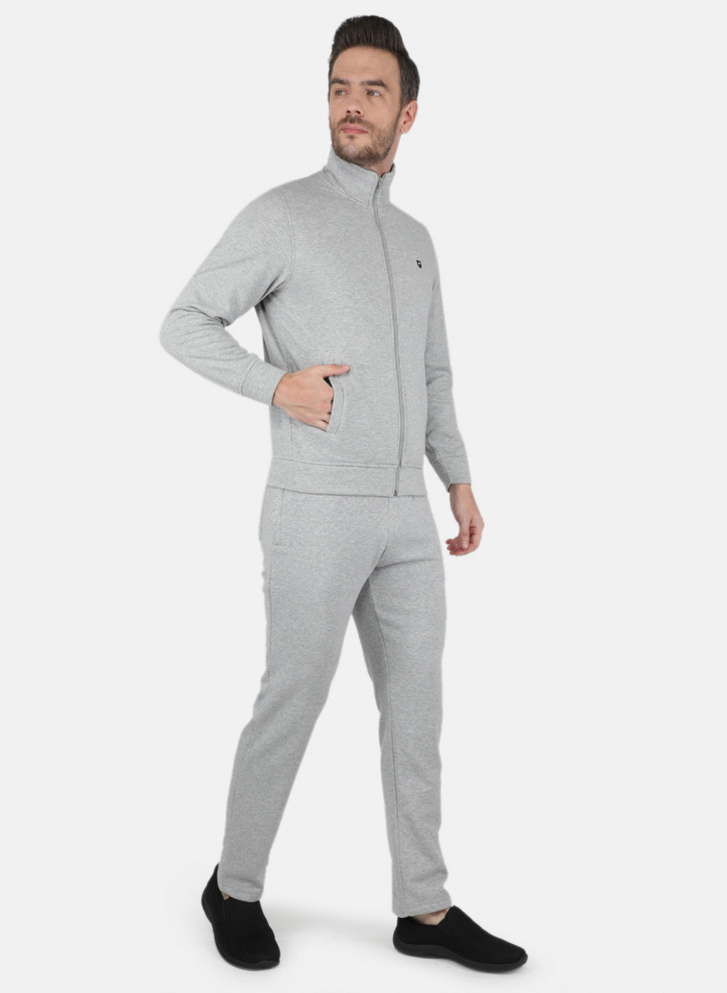 Men Grey Solid Tracksuit in Pile Fabric