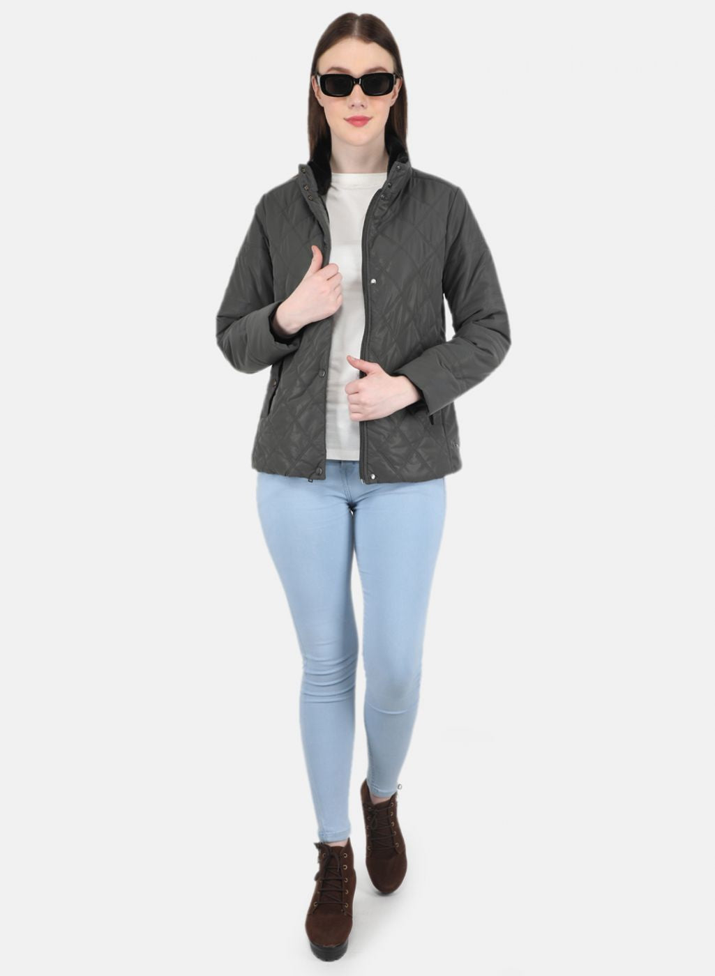 Women Grey Self Design Jacket