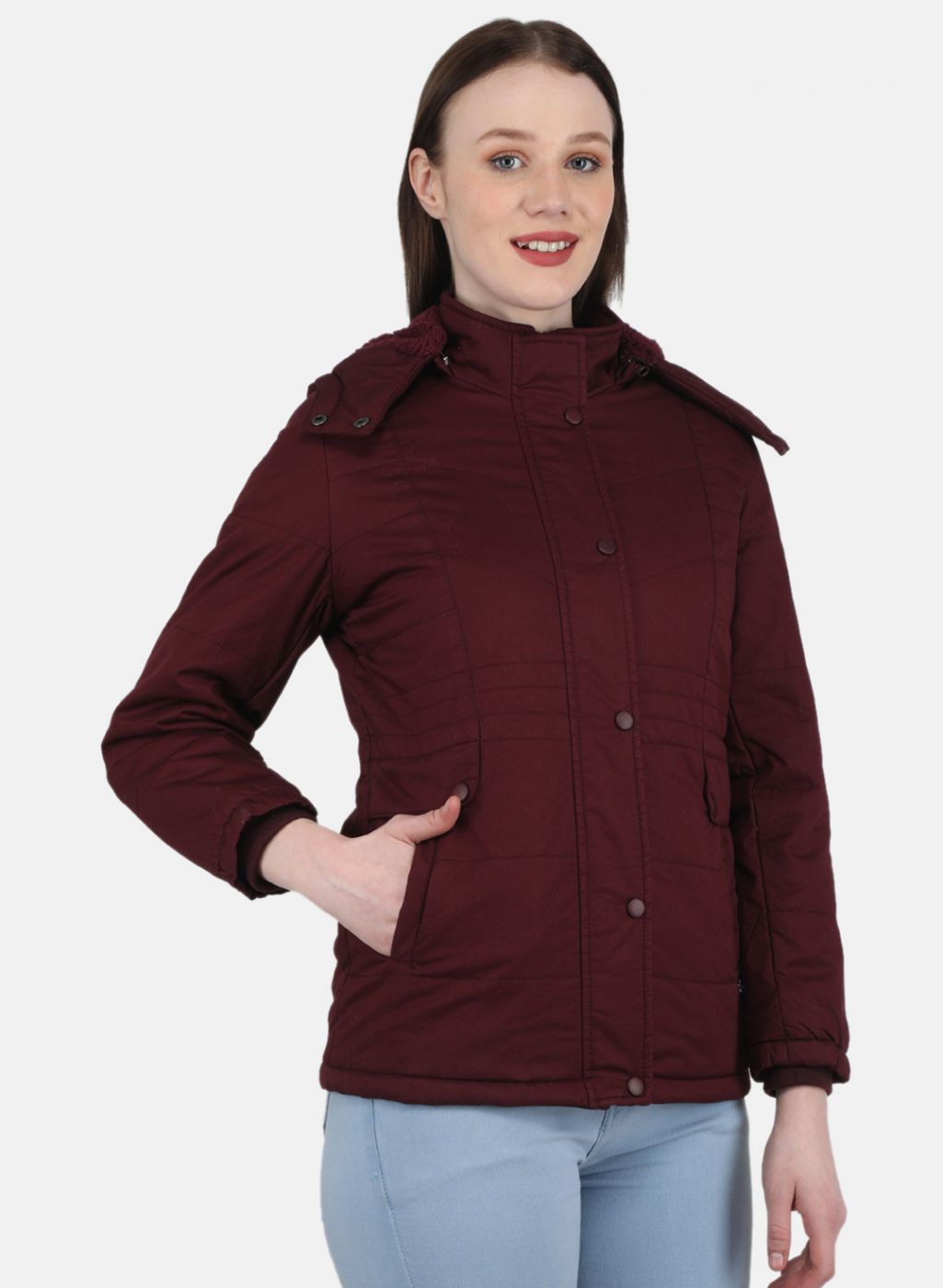 Women Maroon Solid Jacket