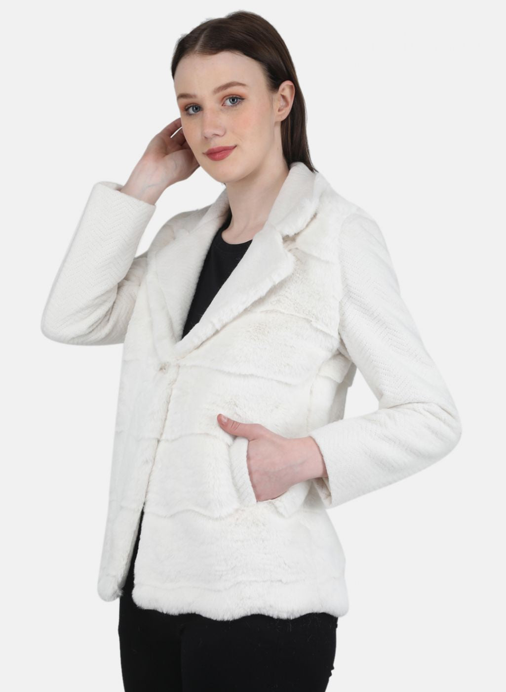 Women Off White Solid Coat