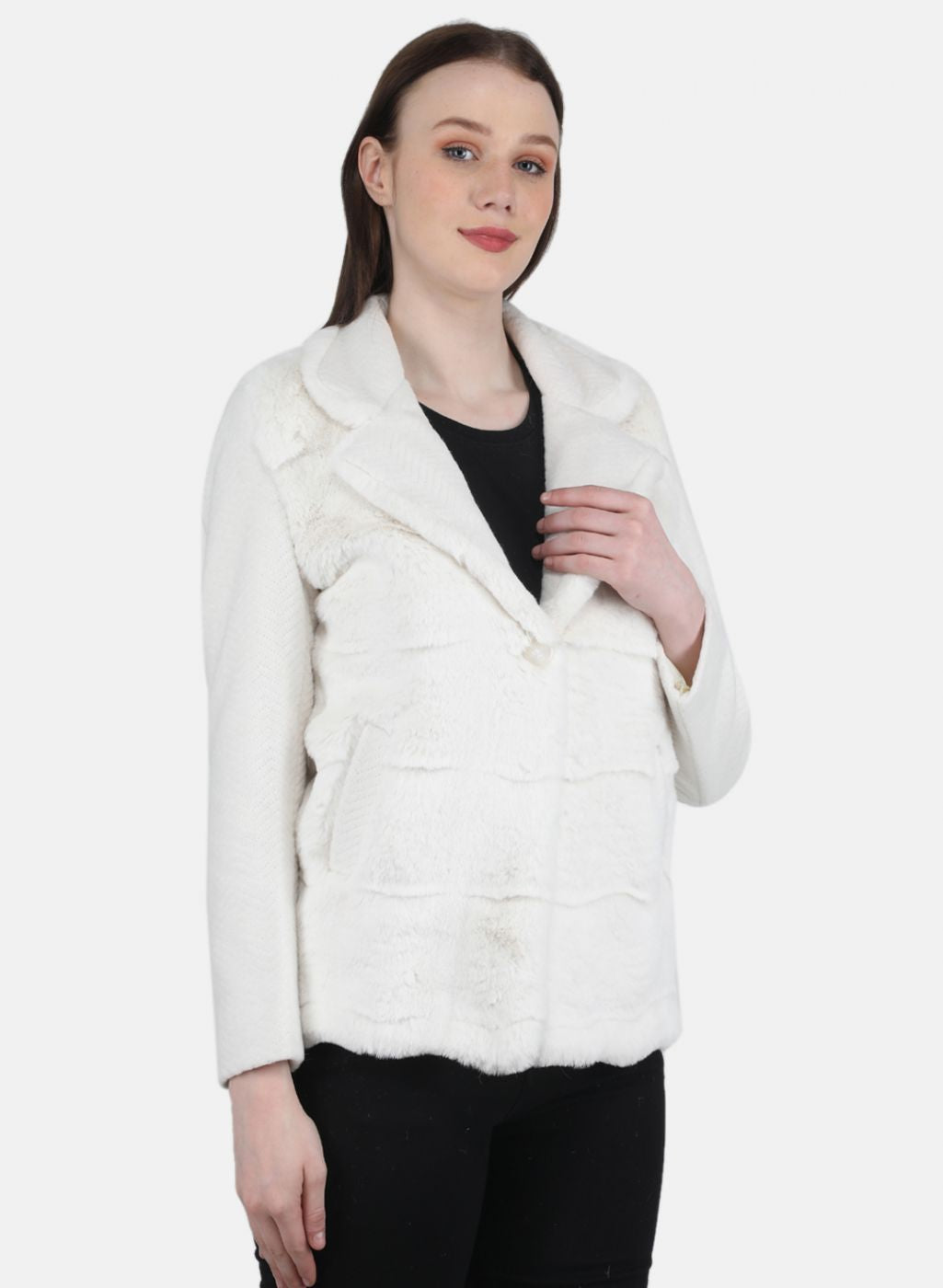 Women Off White Solid Coat