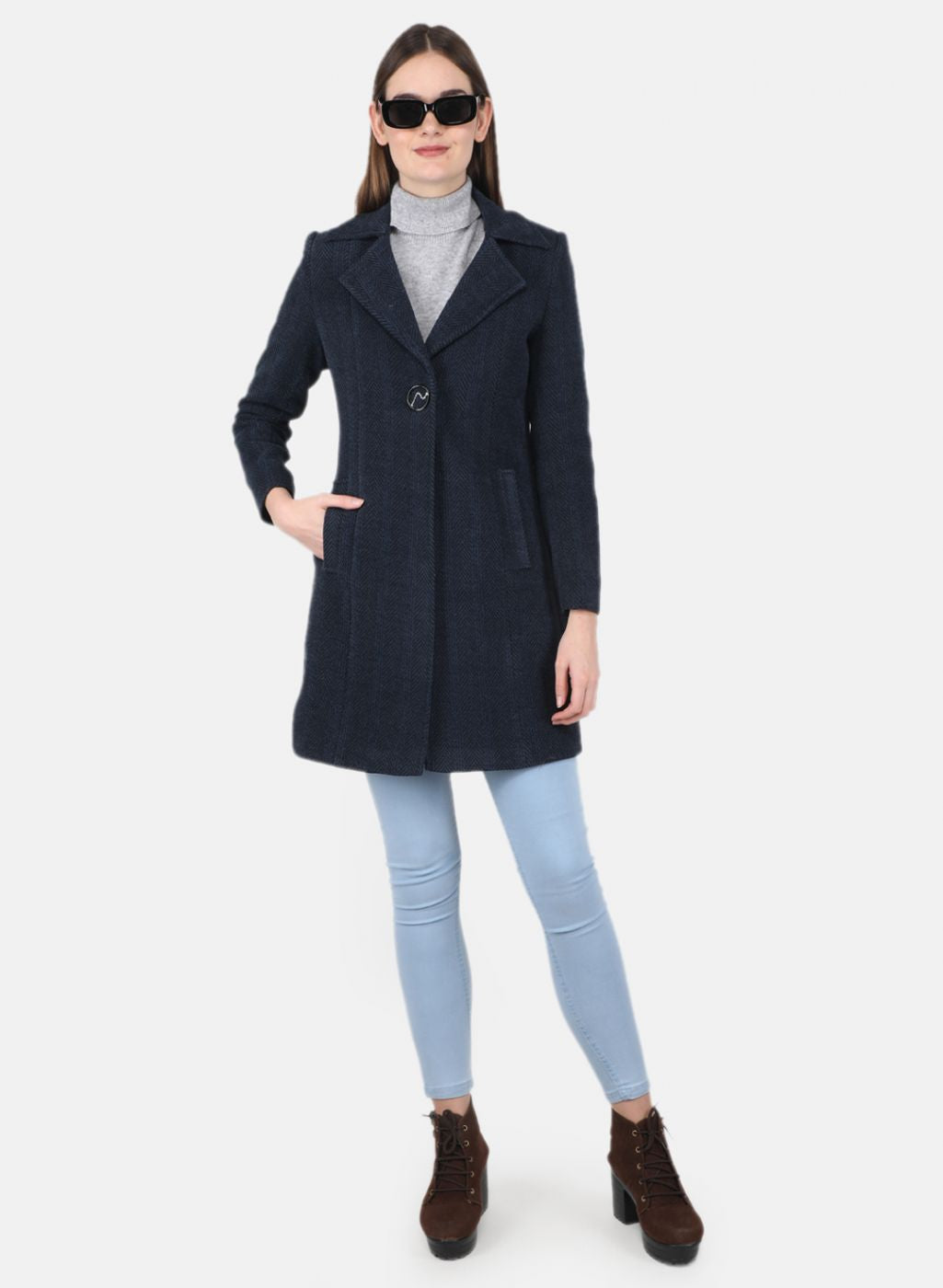 Women NAvy Blue Solid Coat