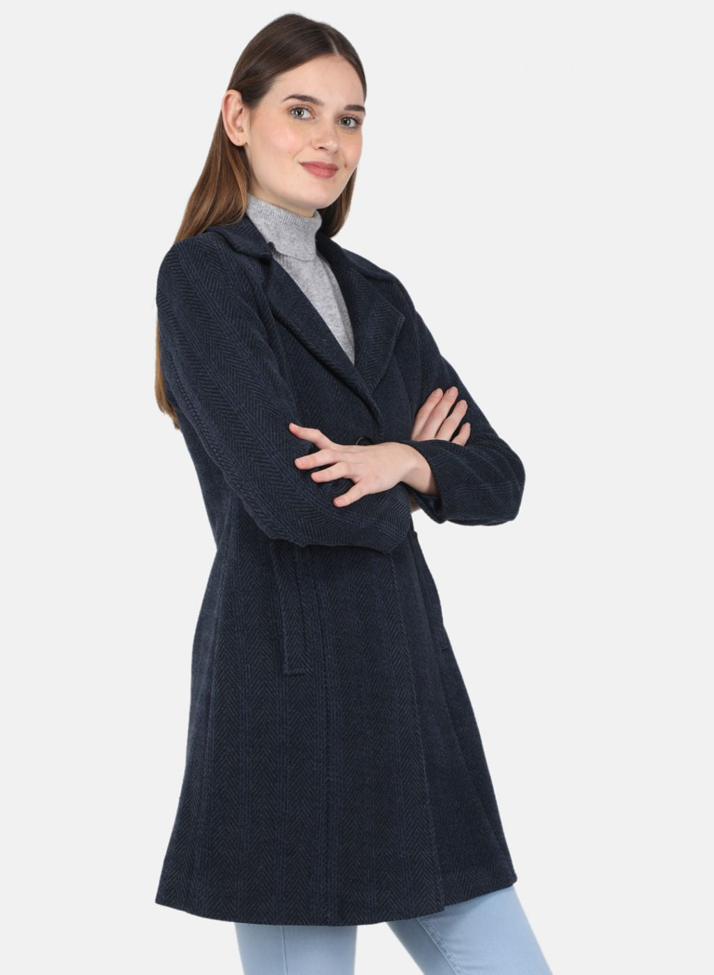 Women NAvy Blue Solid Coat