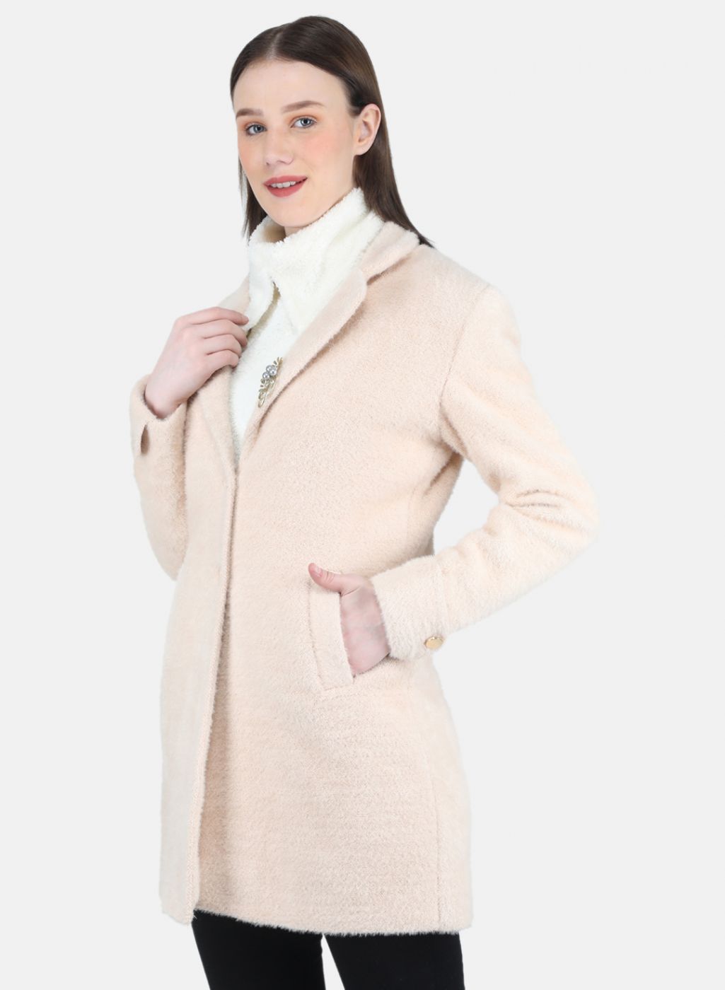 Women Beige Solid Coat