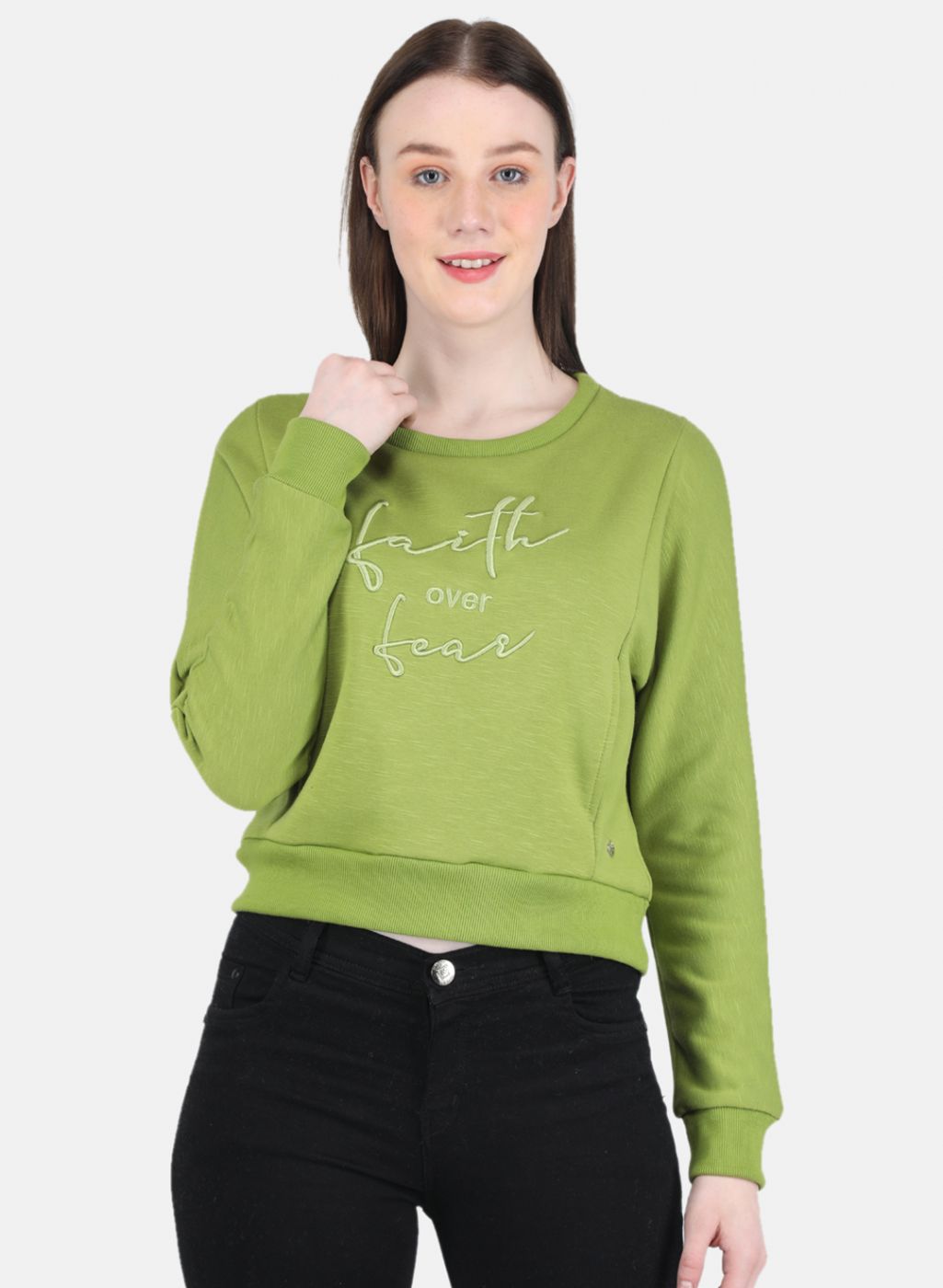 Women Green Embroidered Sweatshirt