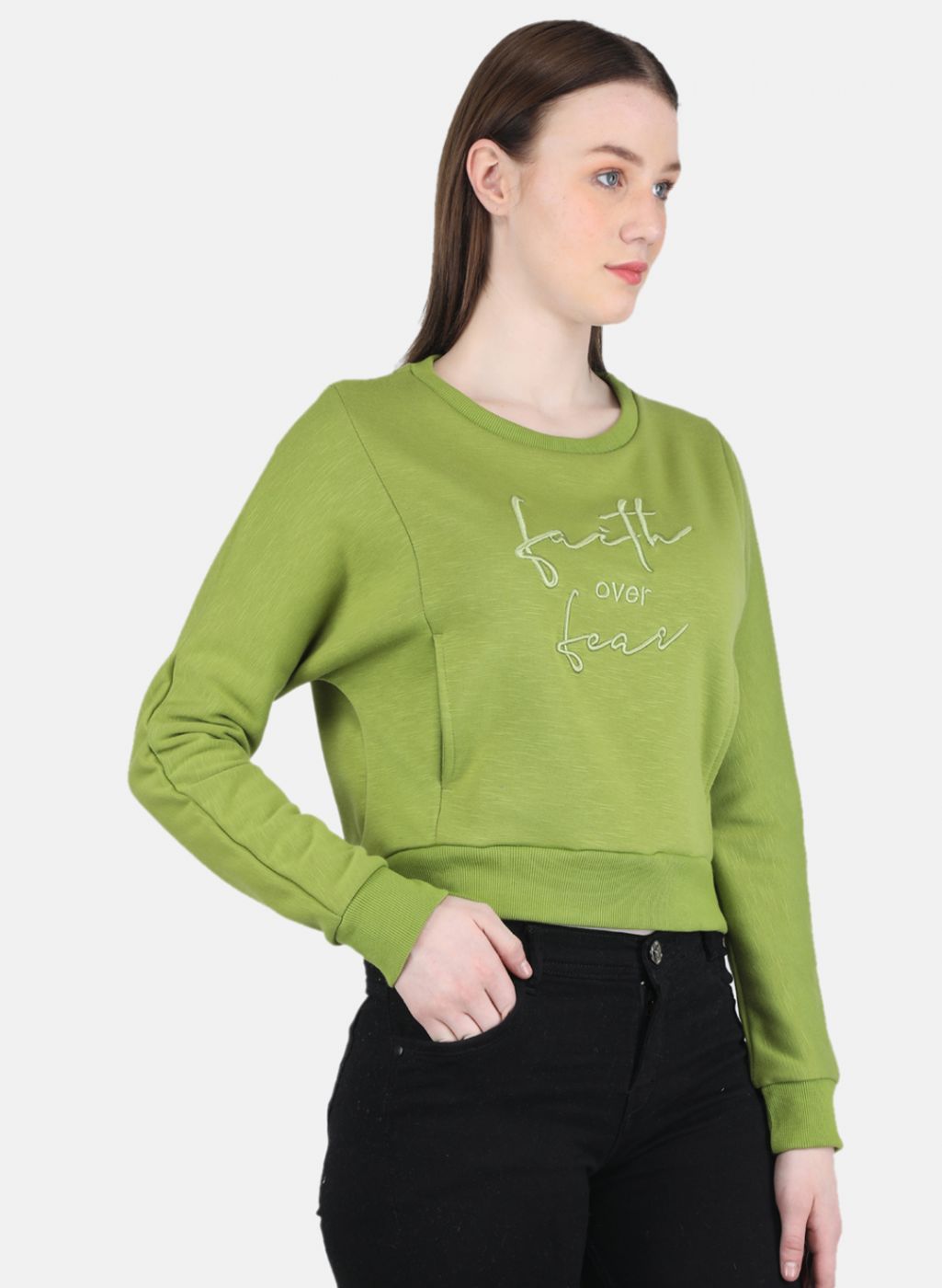 Women Green Embroidered Sweatshirt