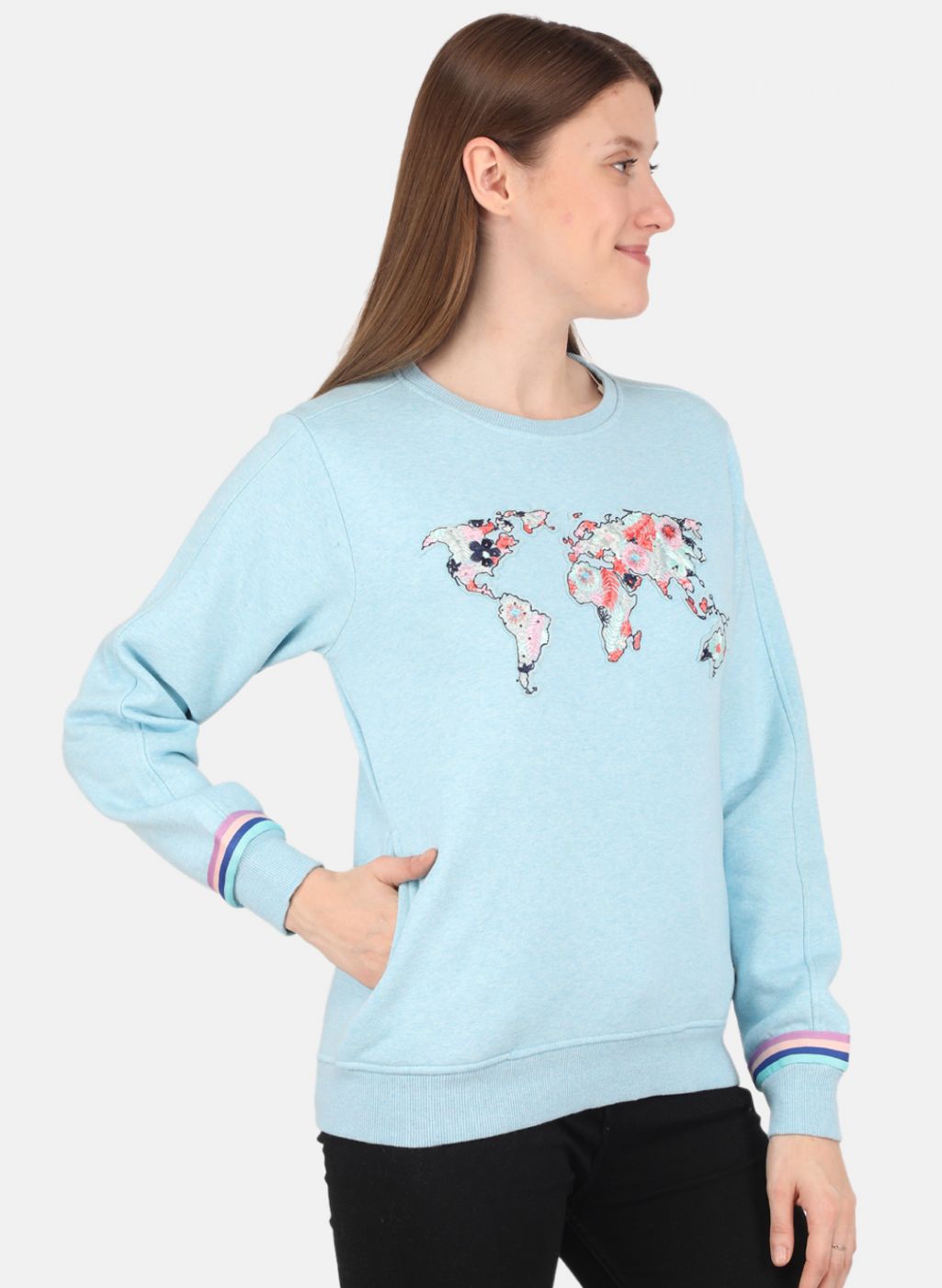 Women Aqua Blue Embroidered Sweatshirt