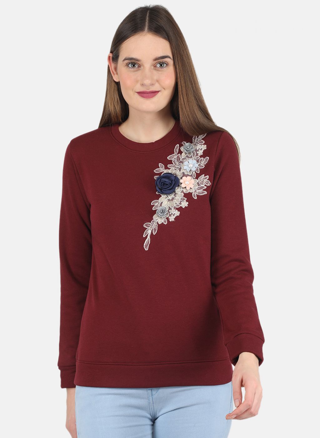 Women Maroon Embroidered Sweatshirt