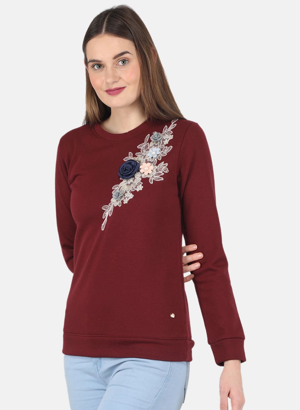 Women Maroon Embroidered Sweatshirt