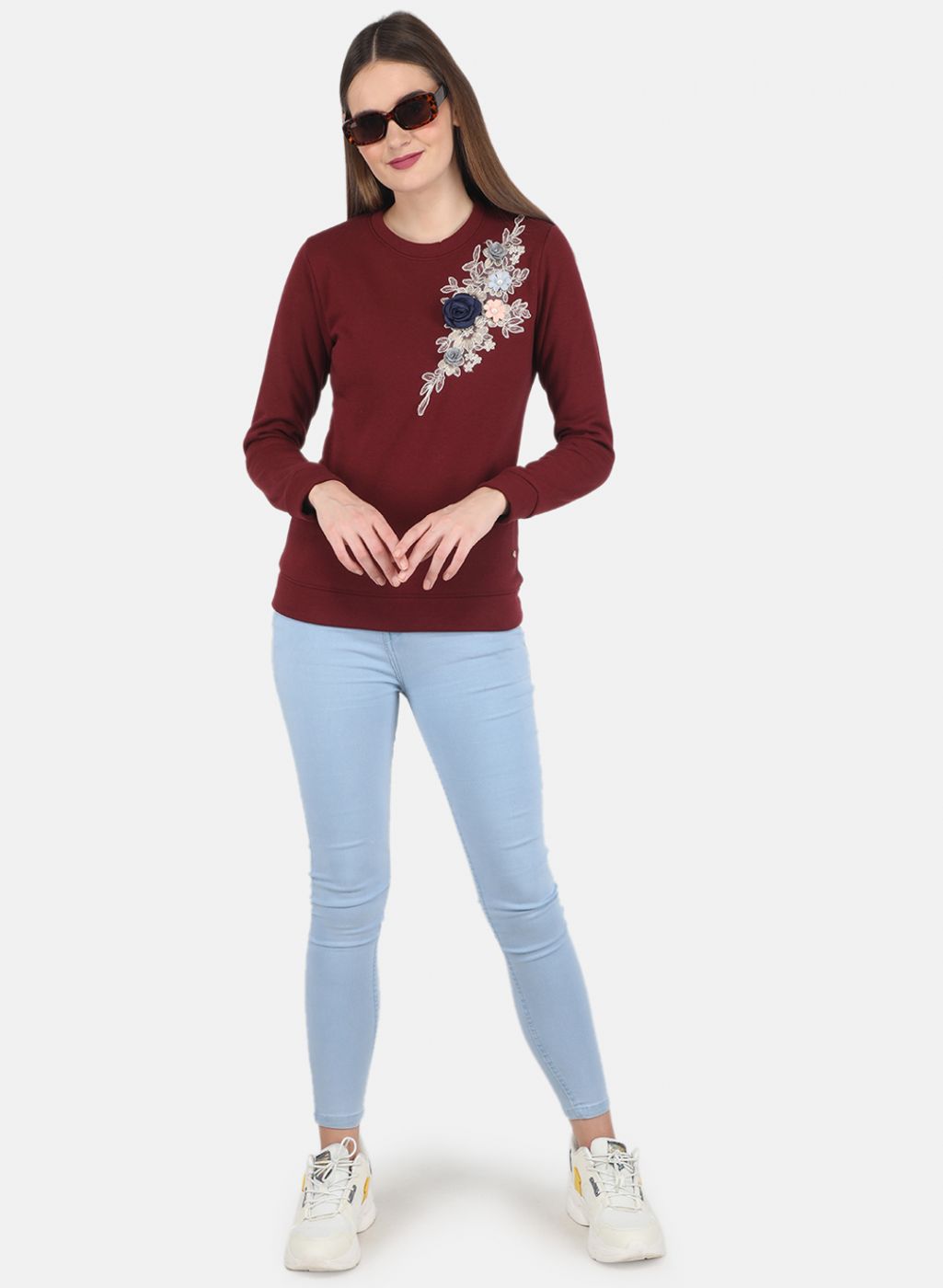 Women Maroon Embroidered Sweatshirt