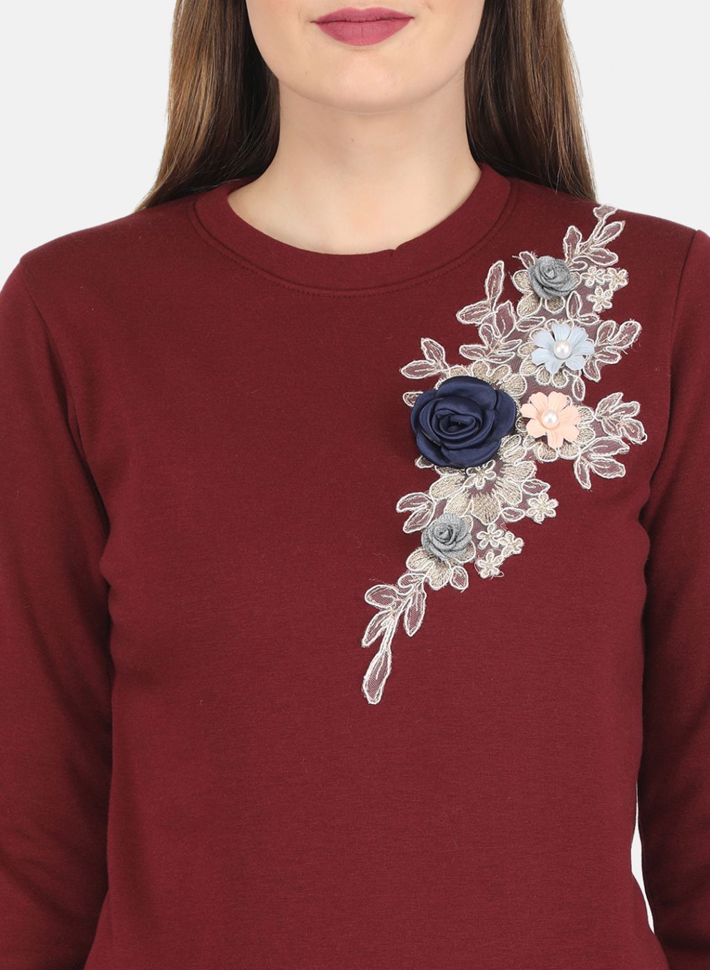 Women Maroon Embroidered Sweatshirt