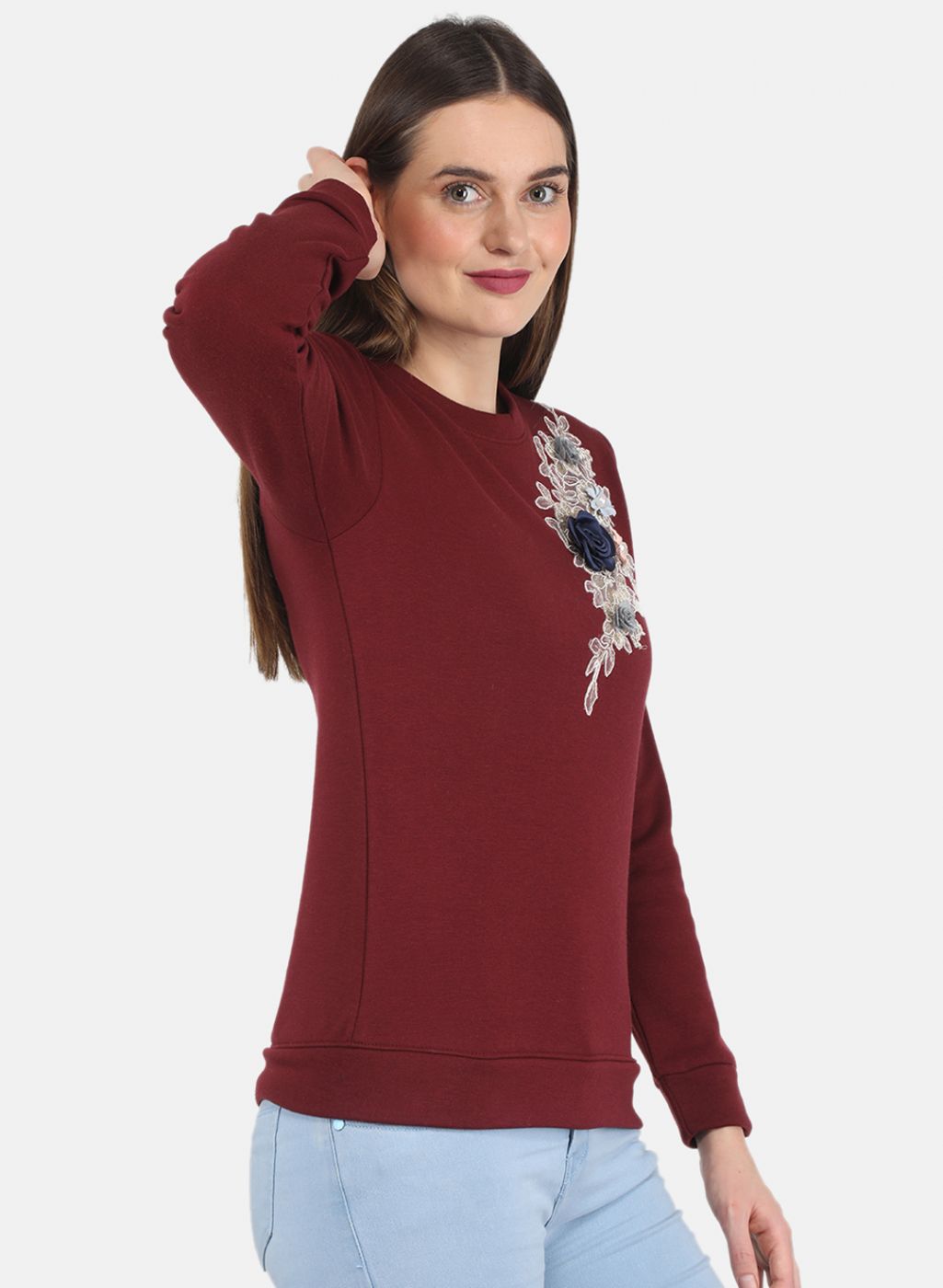 Women Maroon Embroidered Sweatshirt