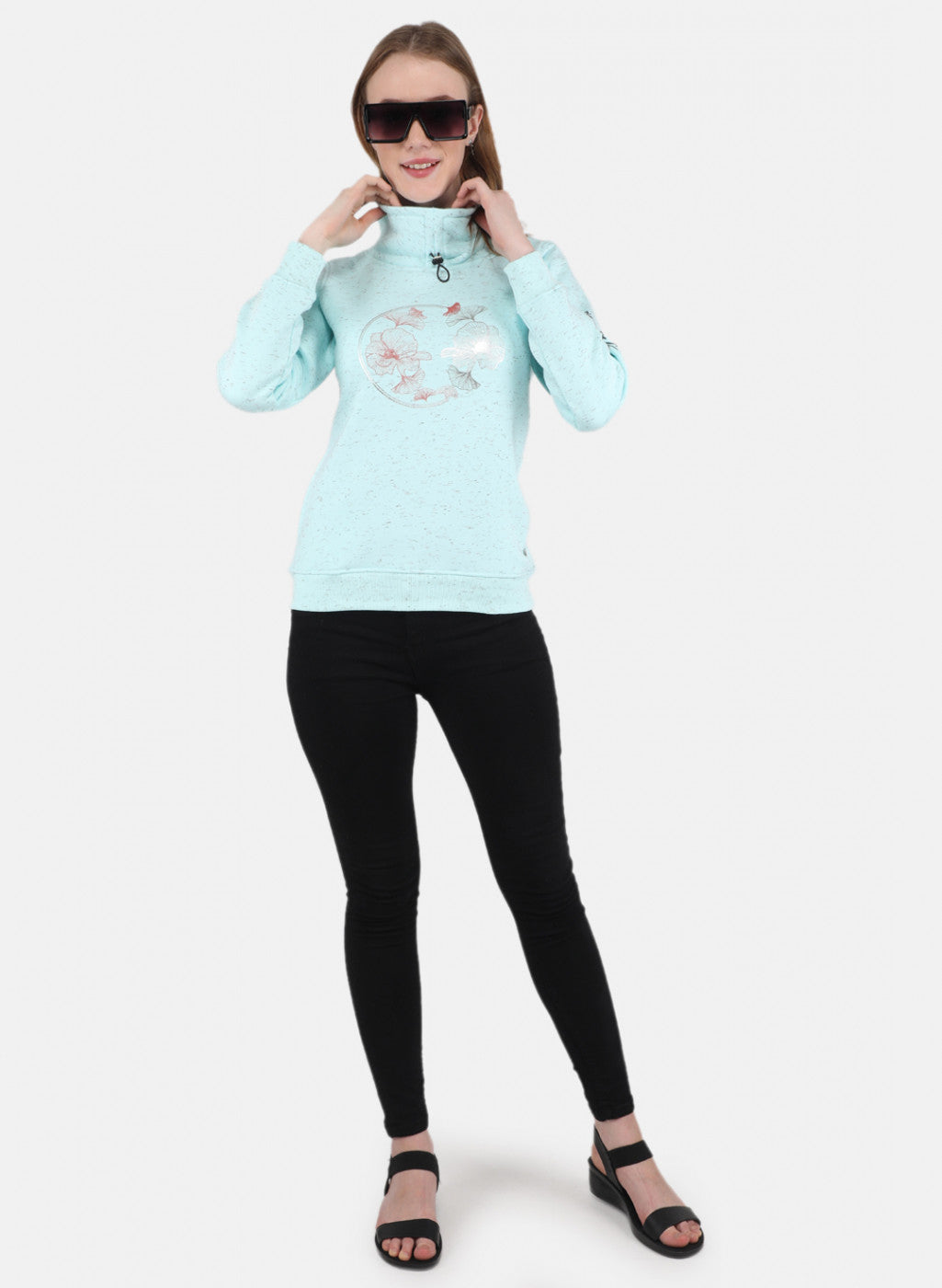 Women Aqua Blue Printed Sweatshirt