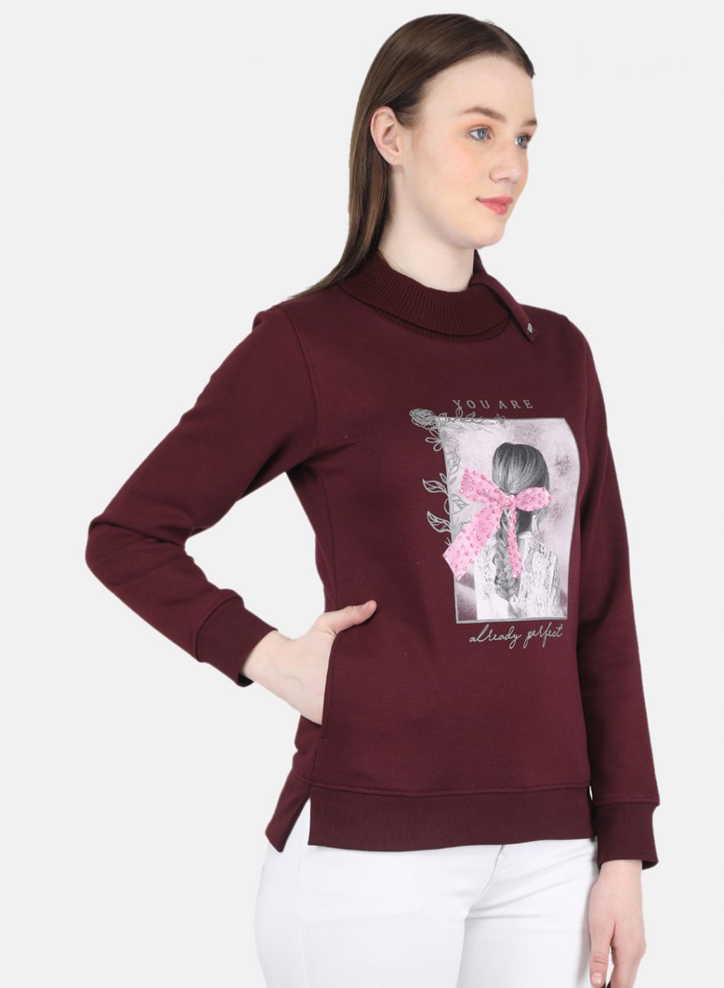 Women Maroon Printed Sweatshirt