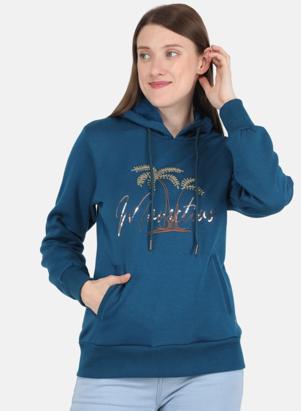 Women Teal Blue Embroidered Sweatshirt