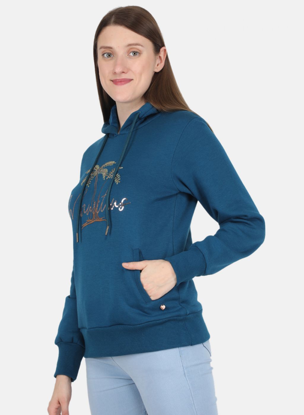 Women Teal Blue Embroidered Sweatshirt