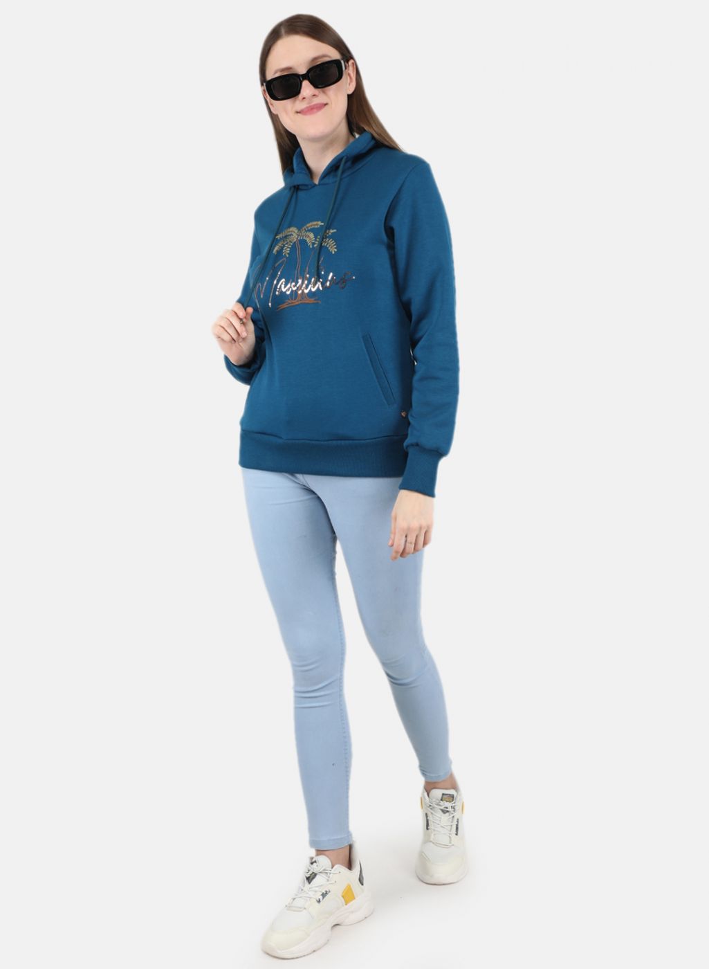 Women Teal Blue Embroidered Sweatshirt