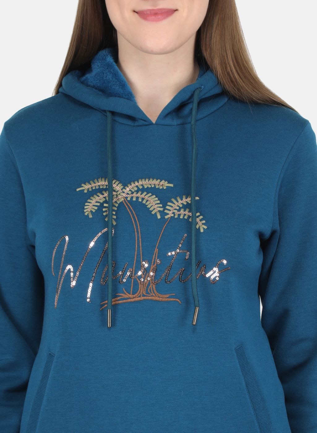 Women Teal Blue Embroidered Sweatshirt