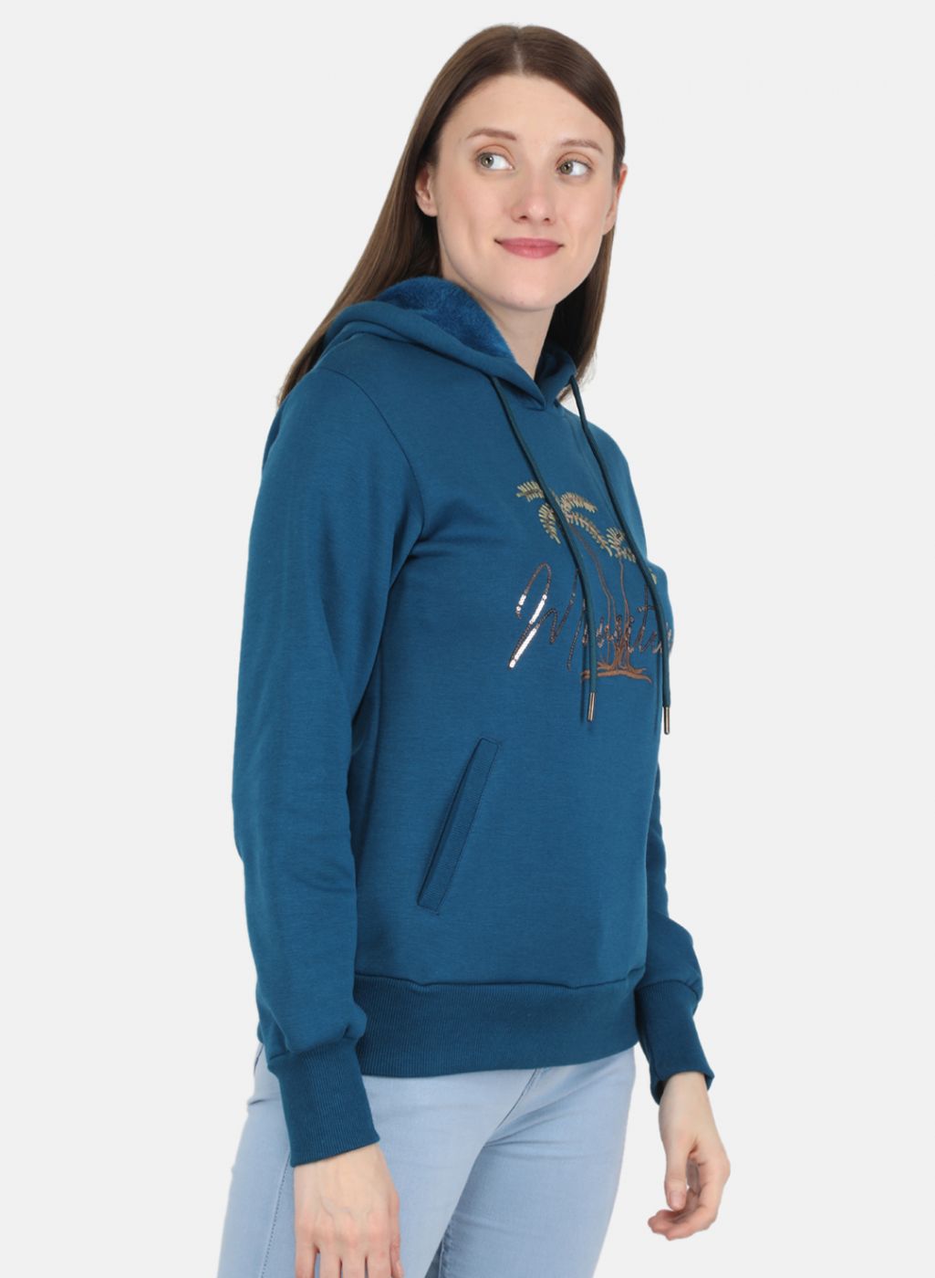 Women Teal Blue Embroidered Sweatshirt