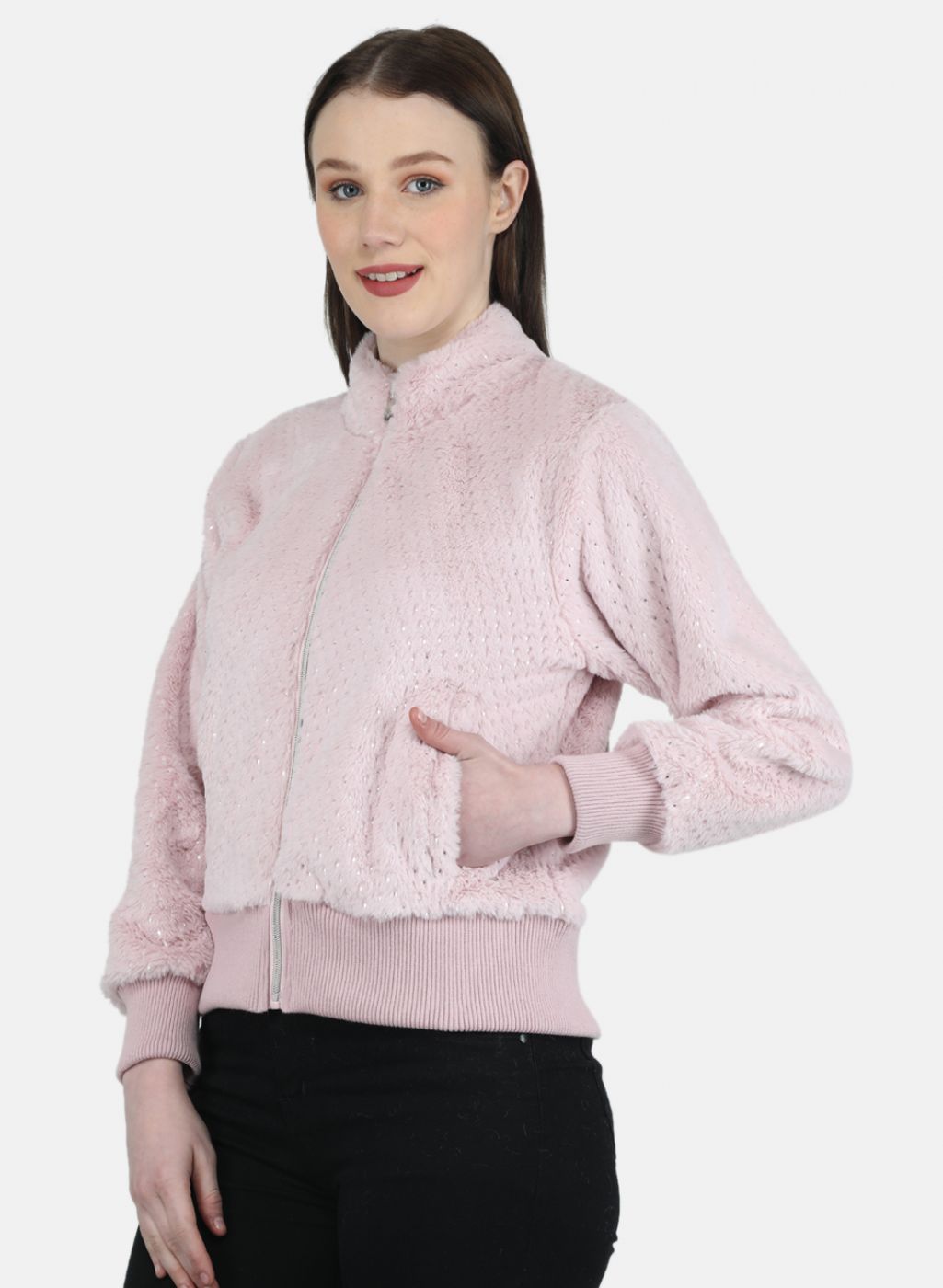 Women Pink Self Design Sweatshirt