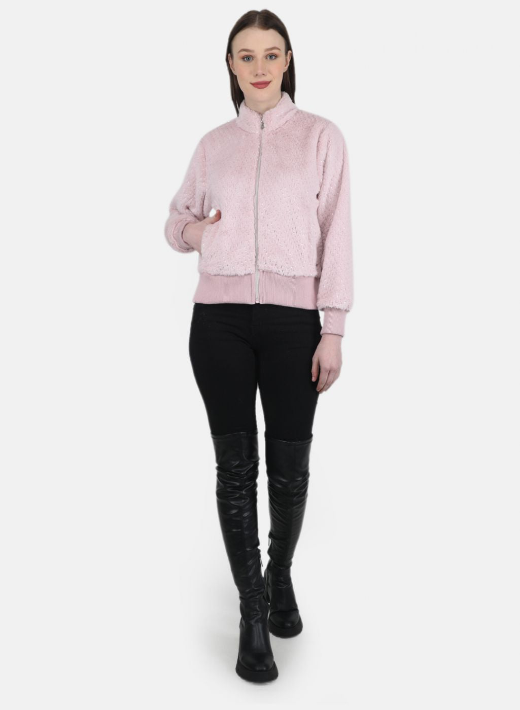 Women Pink Self Design Sweatshirt