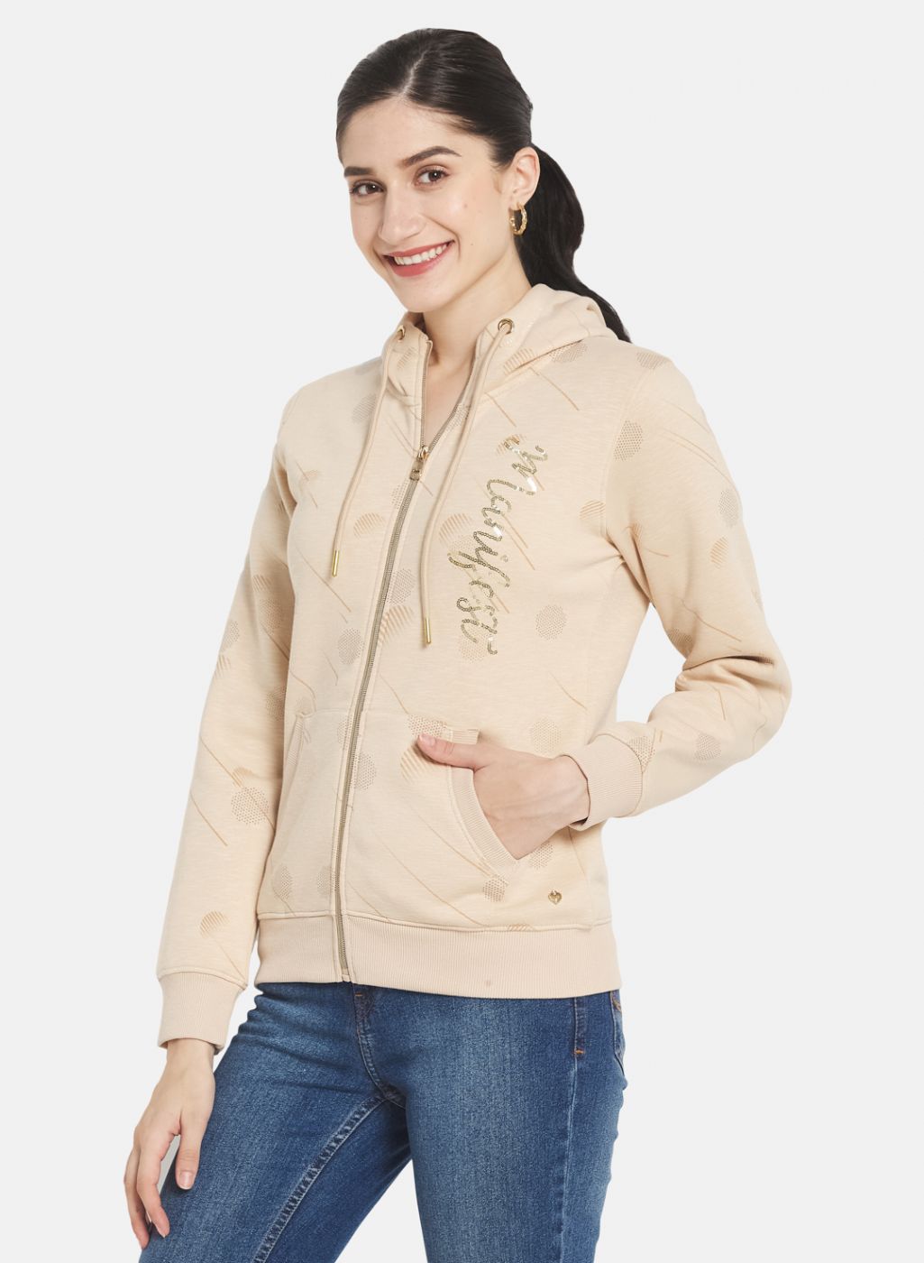 Women Beige Printed Sweatshirt