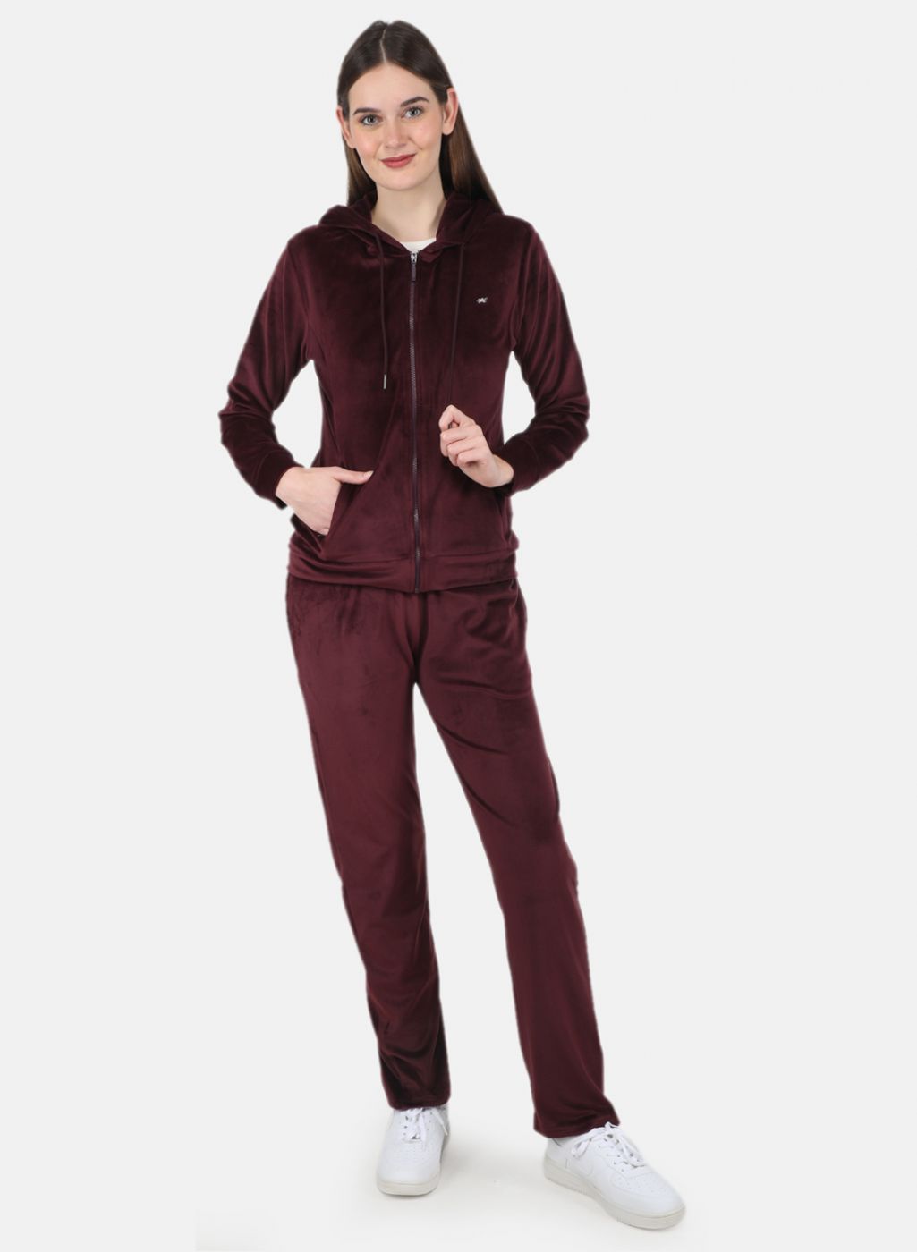 Women Maroon Solid Tracksuit