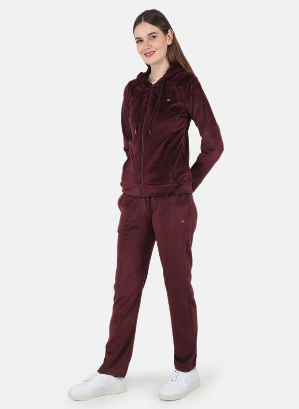 Women Maroon Solid Tracksuit