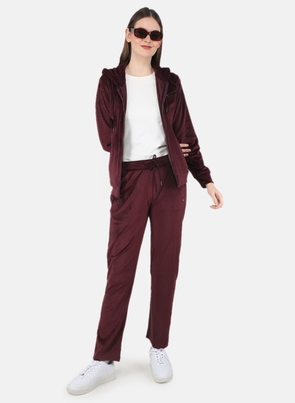 Women Maroon Solid Tracksuit