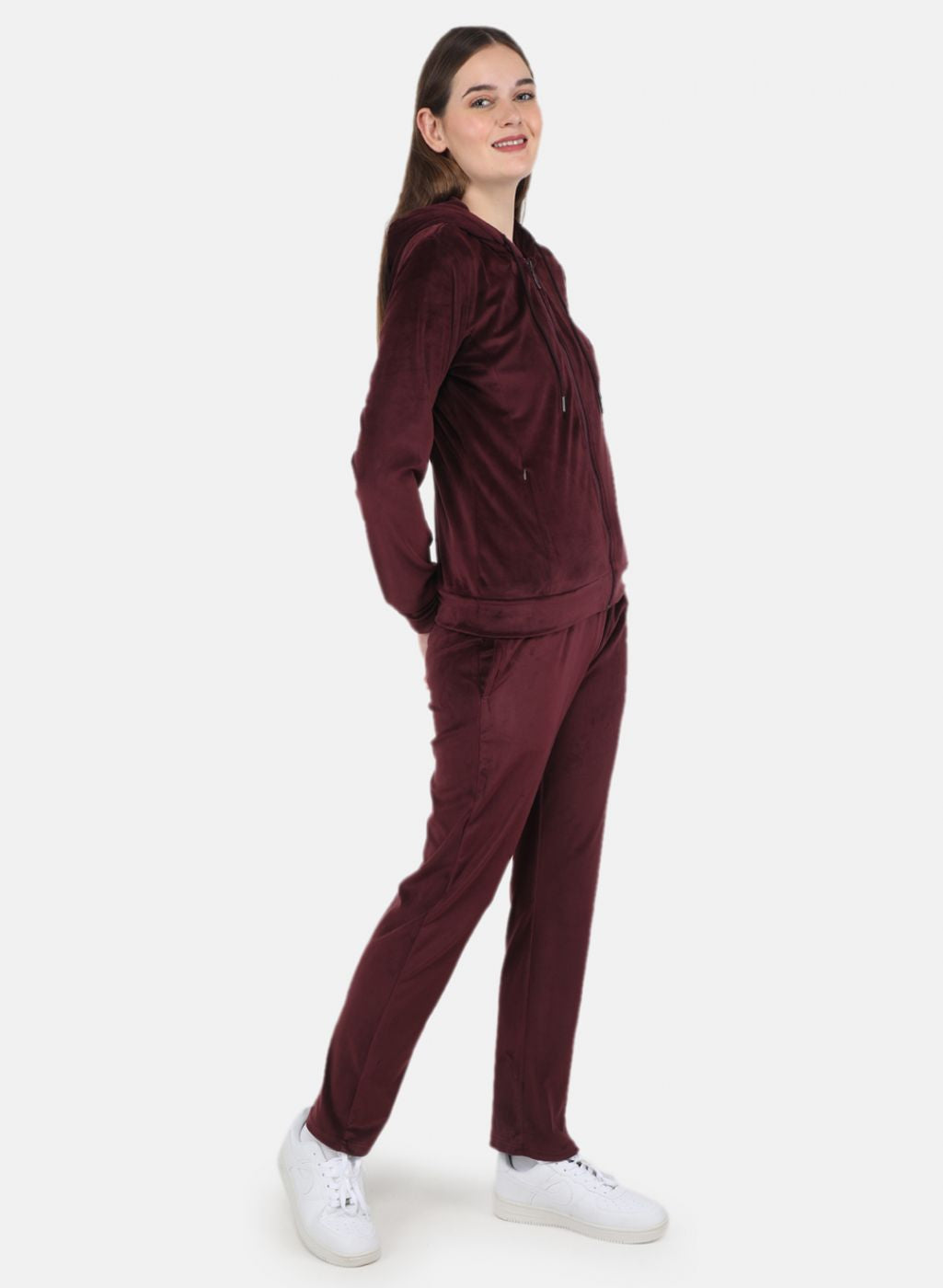 Women Maroon Solid Tracksuit