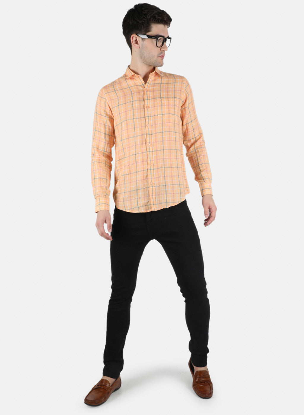 Men Orange Check Shirt