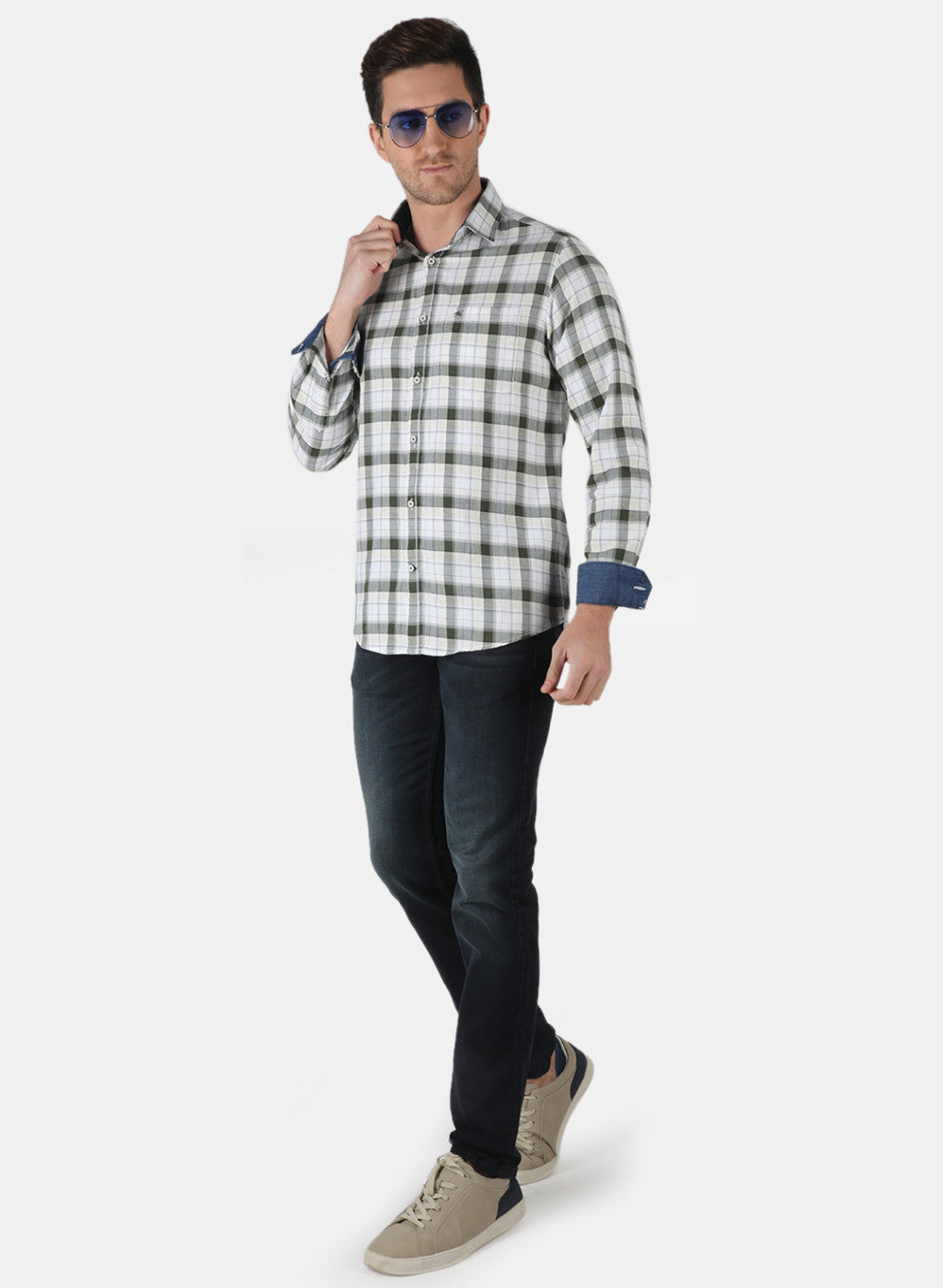 Men Light Olive Check Shirt