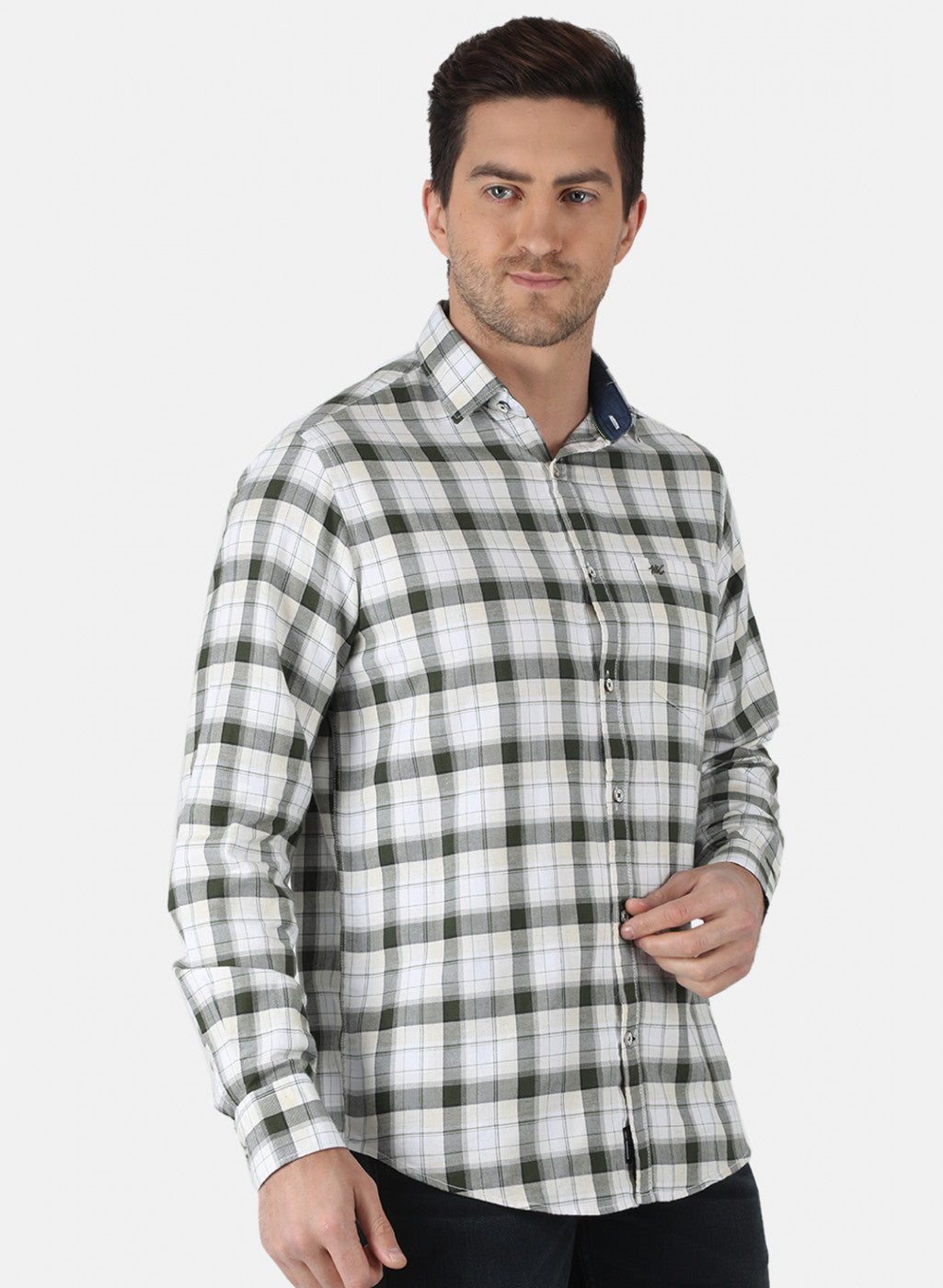 Men Light Olive Check Shirt