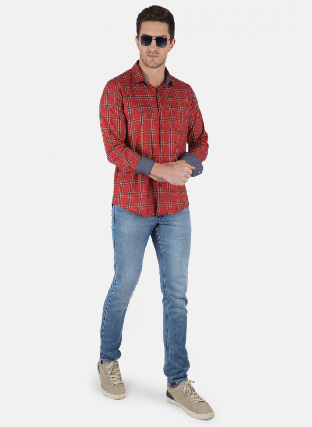 Men Orange Check Shirt