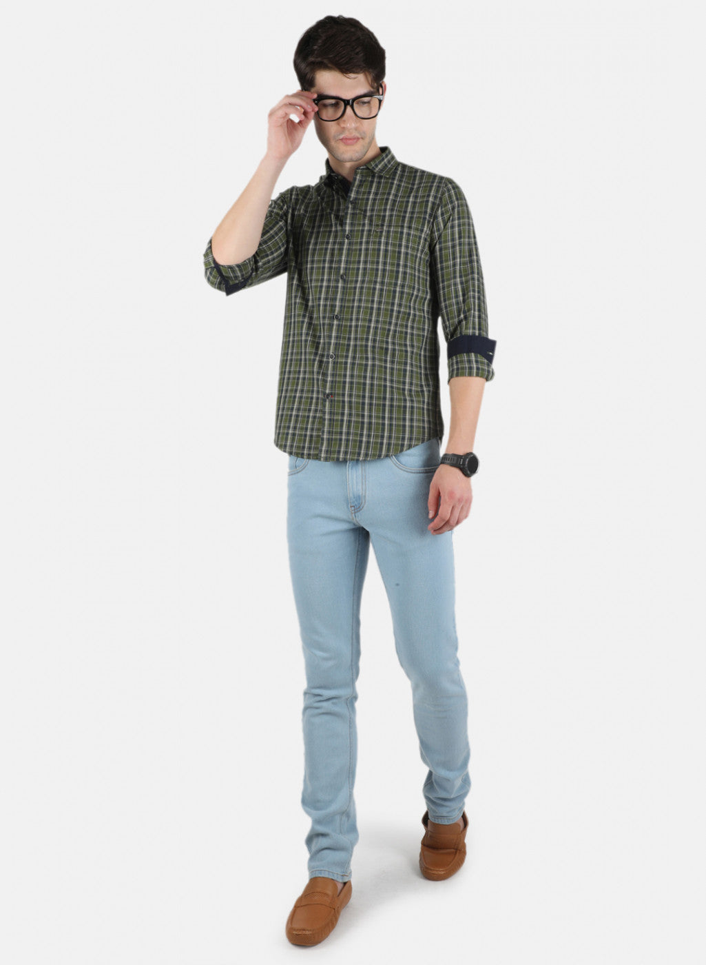 Men Olive Check Shirt